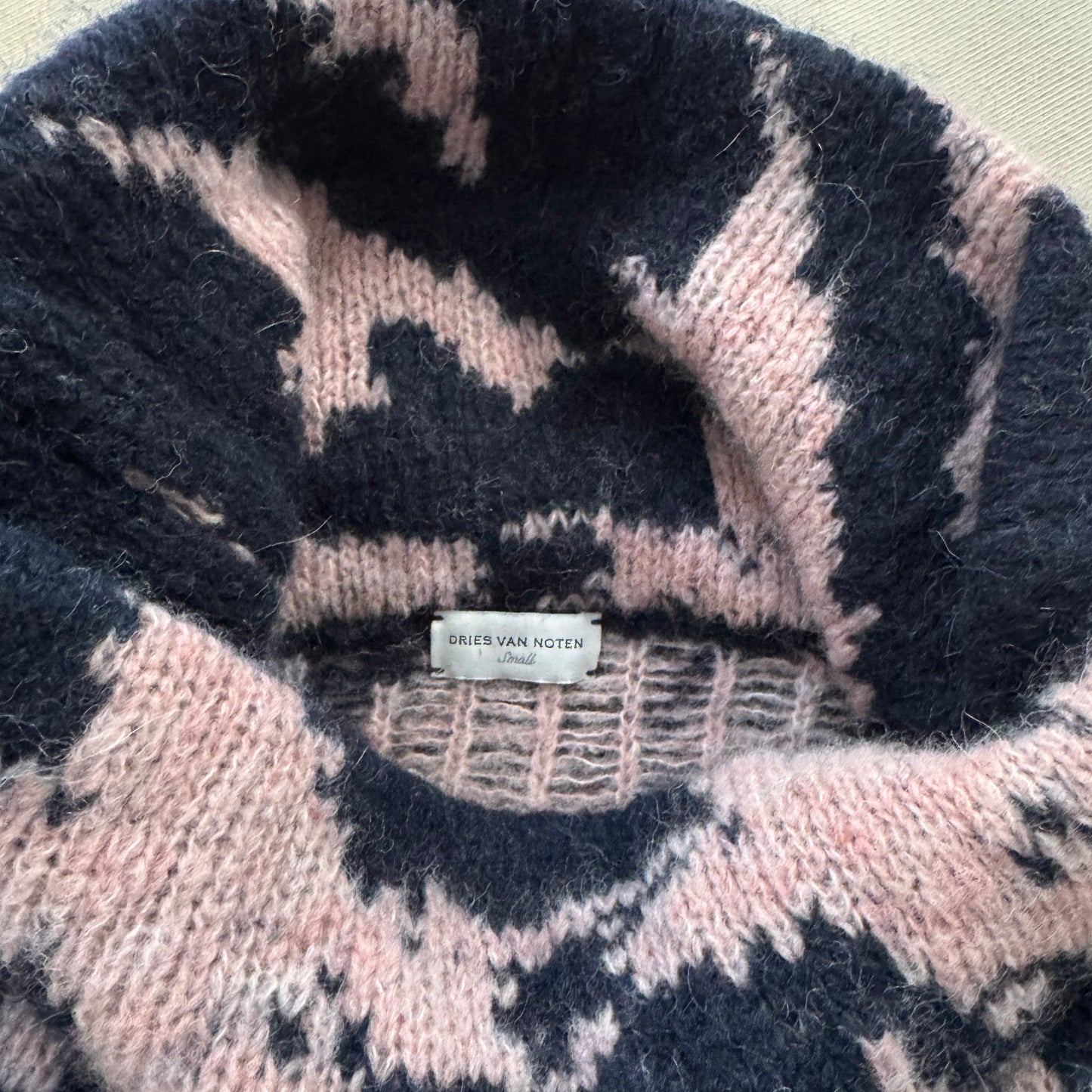 Dries Van Noten "Taiga" Printed Turtleneck in Pink/Navy, size Small
