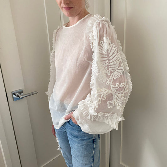 Dries Van Noten White Cotton Voile Blouse with Applique Sleeve, size 38 (fits like size small)