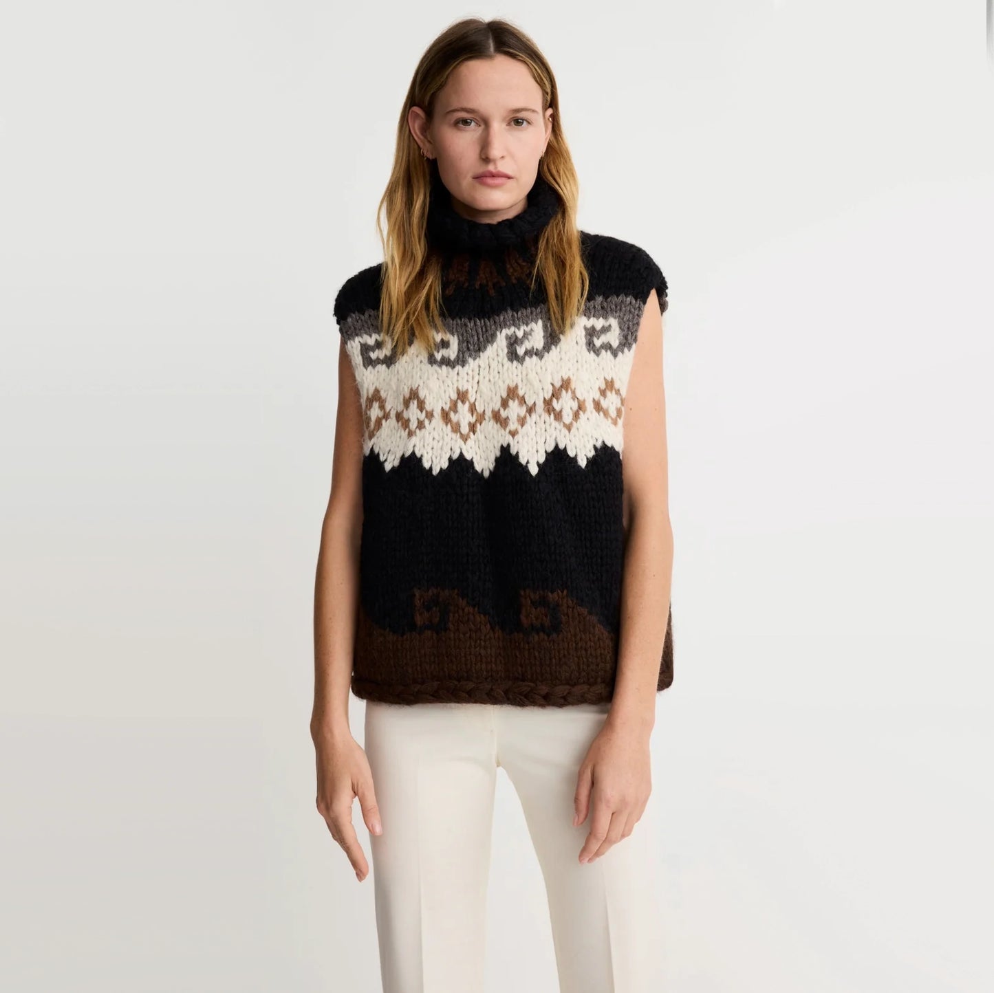 Smythe x Augden Handknit Sleeveless Turtleneck in Black Fair Isle, size Small
