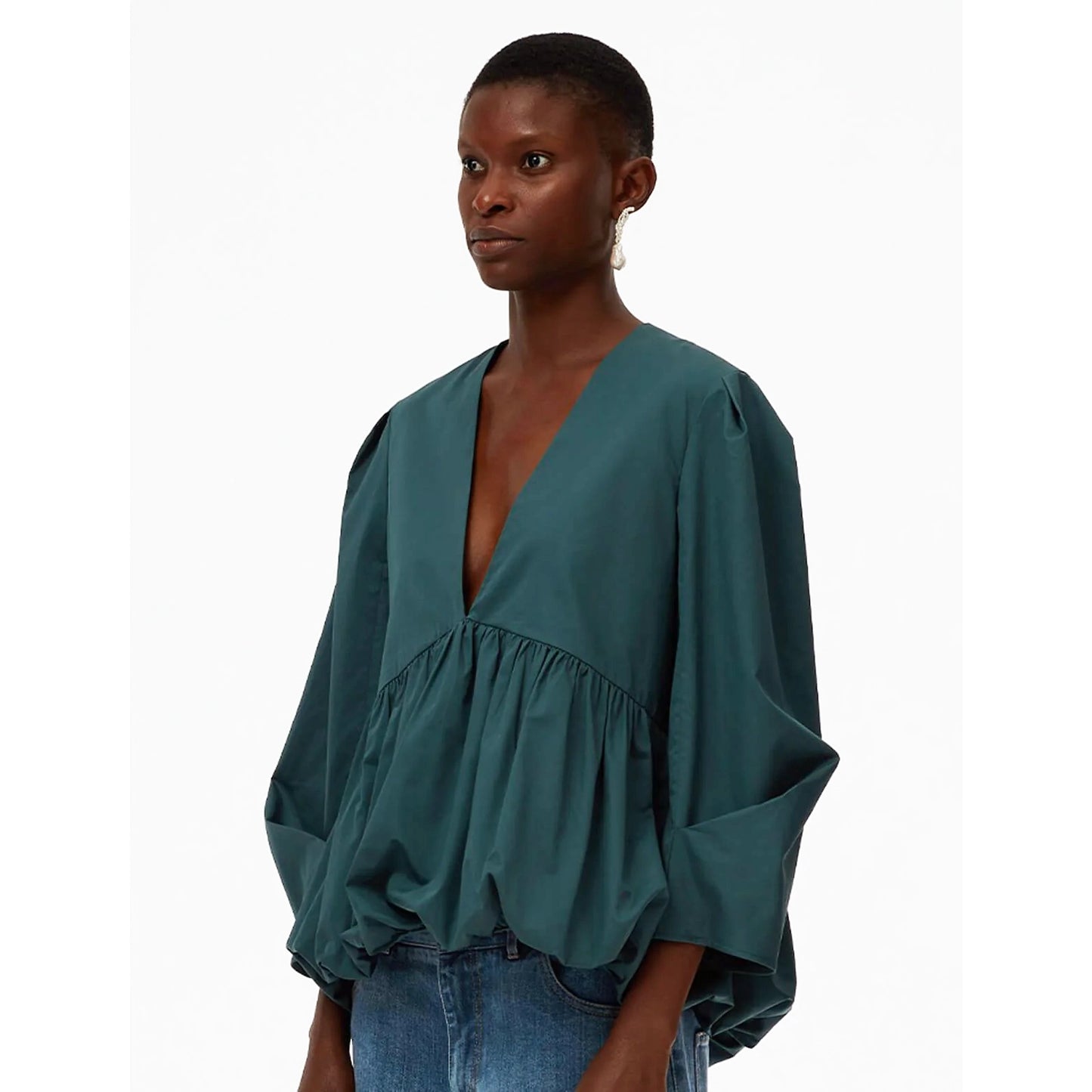 Tibi Eco Poplin Deep V Sculpted Top in "Phthlao Green", size 2