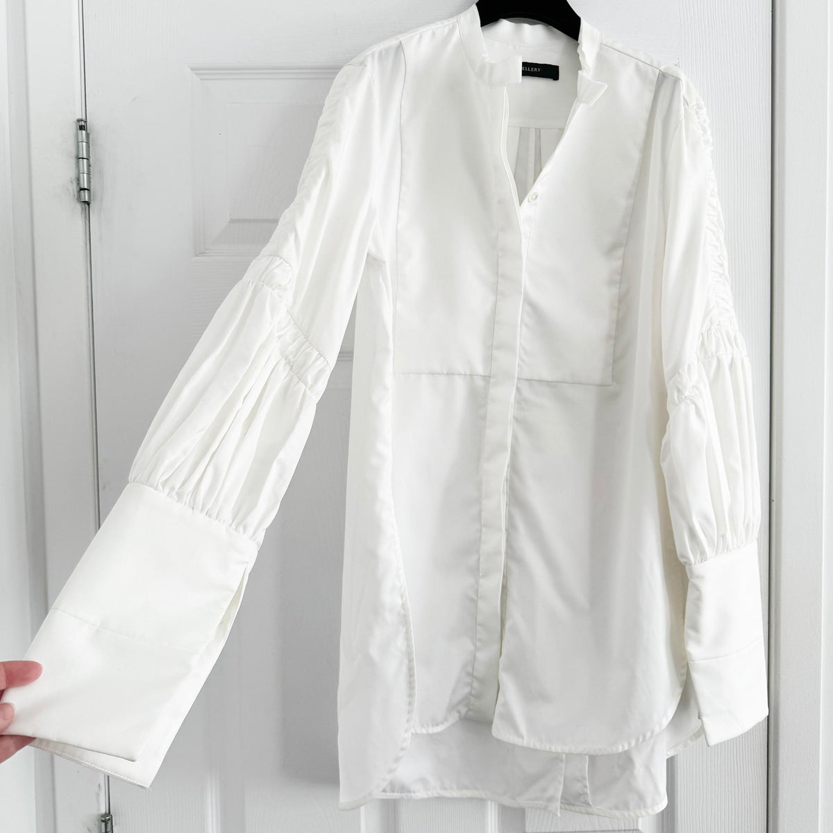 Ellery Poplin Shirt with Gathered Detailing in White, size 6