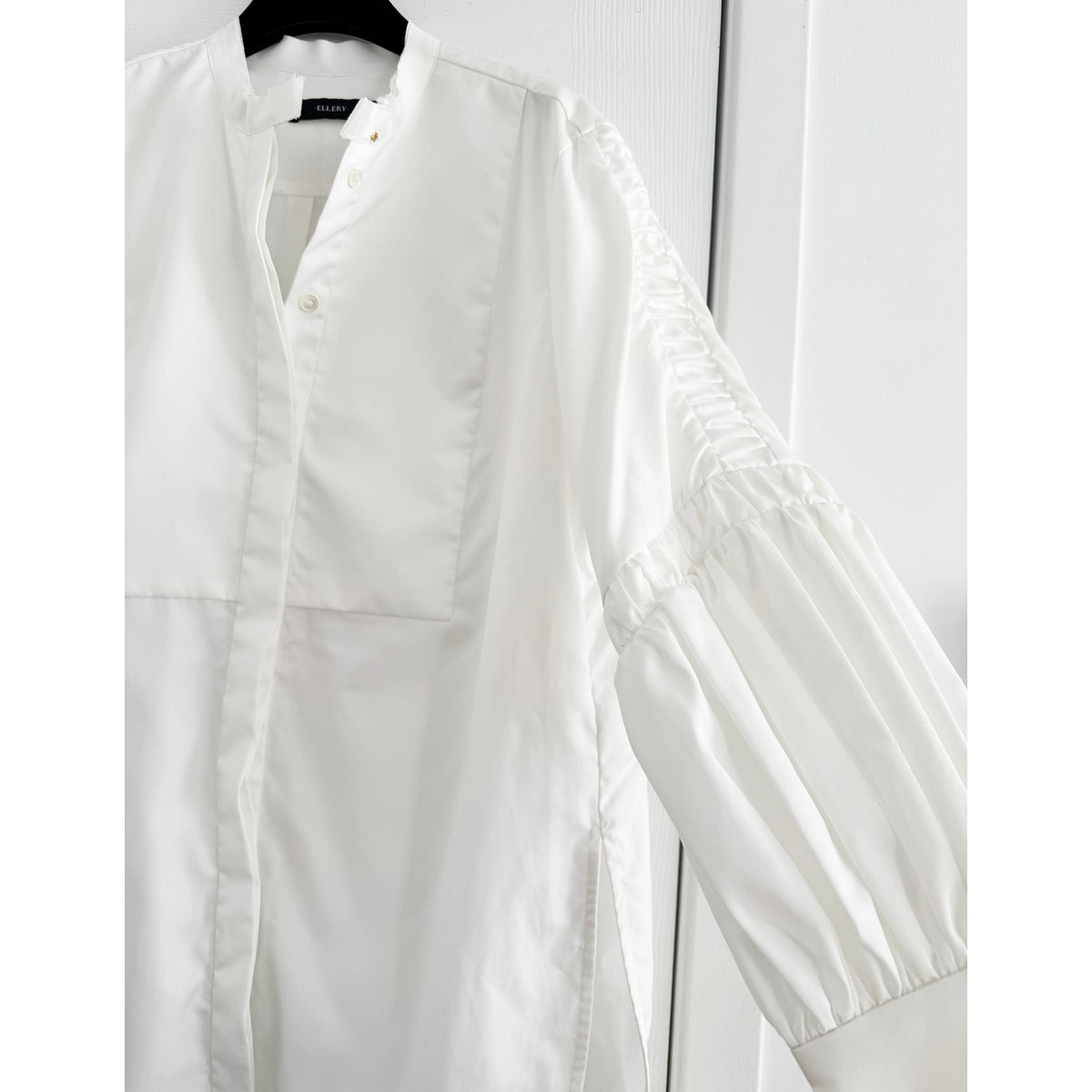 Ellery Poplin Shirt with Gathered Detailing in White, size 6