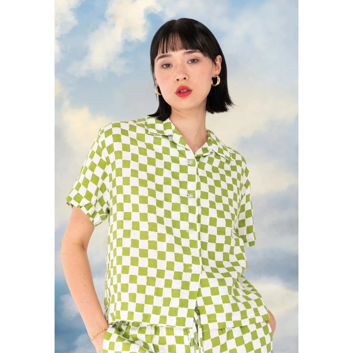 Emma Mulholland on Holiday Checked Linen Shirt in Green, size Small