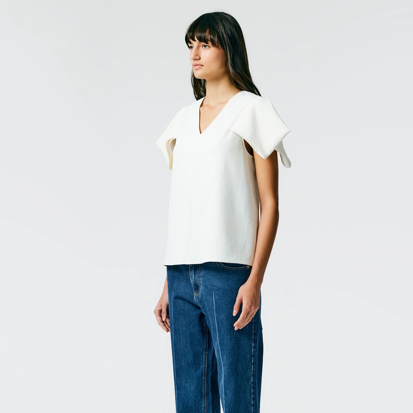 Tibi Chalky Drape V-Neck Top With Folded Sleeve in White, size 12