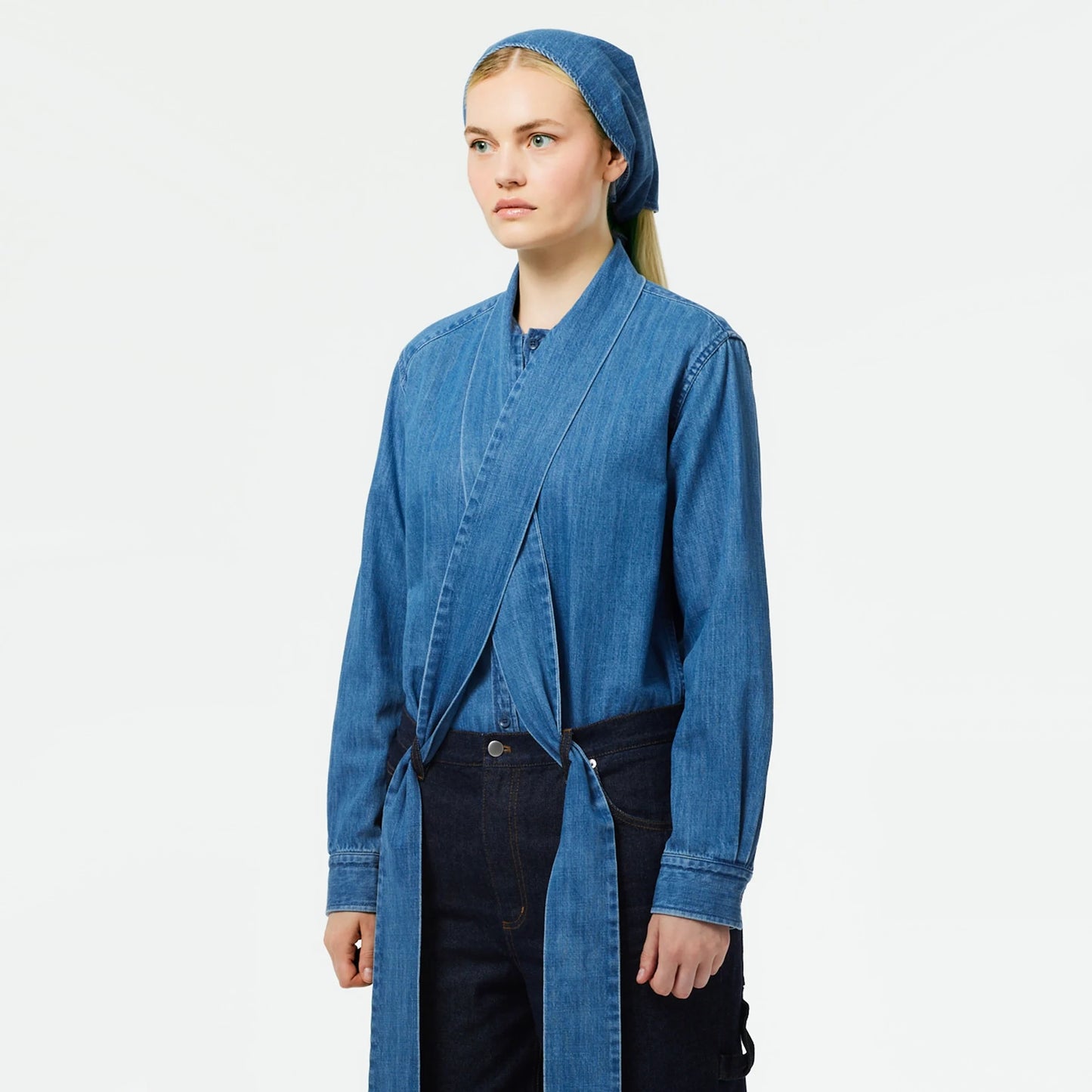 Tibi Lightweight Stone Washed Tie Neck Slim Men's Shirt in Blue, size Medium