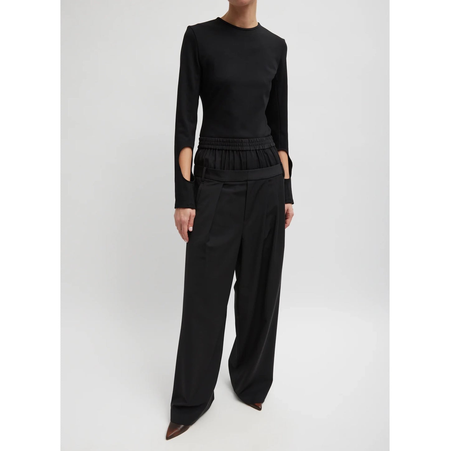 Tibi Compact Ultra Stretch Half Moon Cutout Sleeve Top in Black, size 8