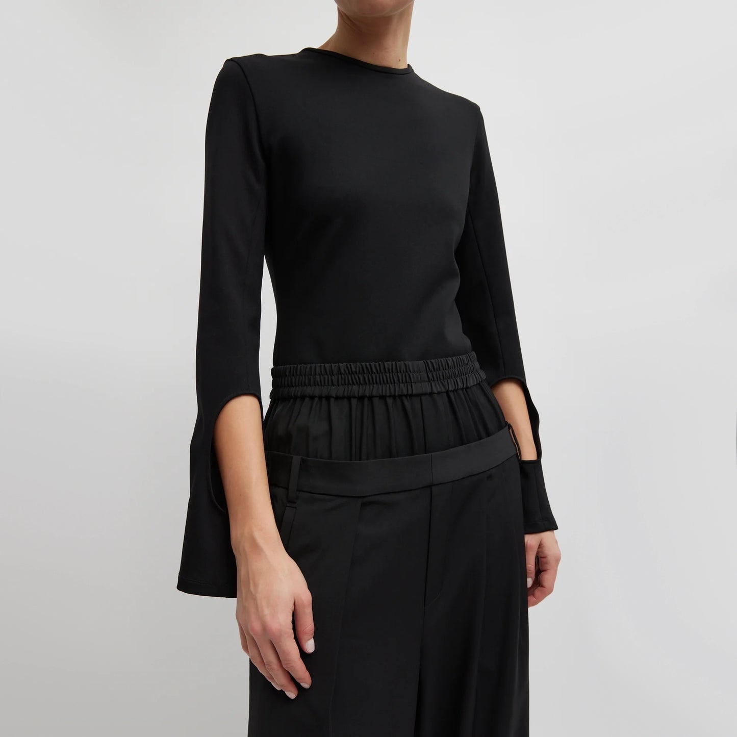 Tibi Compact Ultra Stretch Half Moon Cutout Sleeve Top in Black, size 8