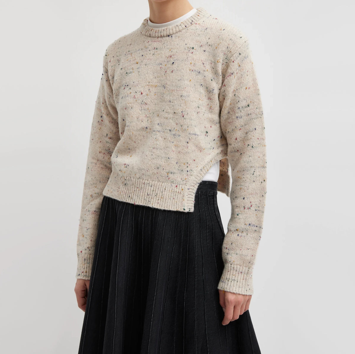 Tibi Confetti Shrunken Crewneck Pullover in "Cream Multi", size Large