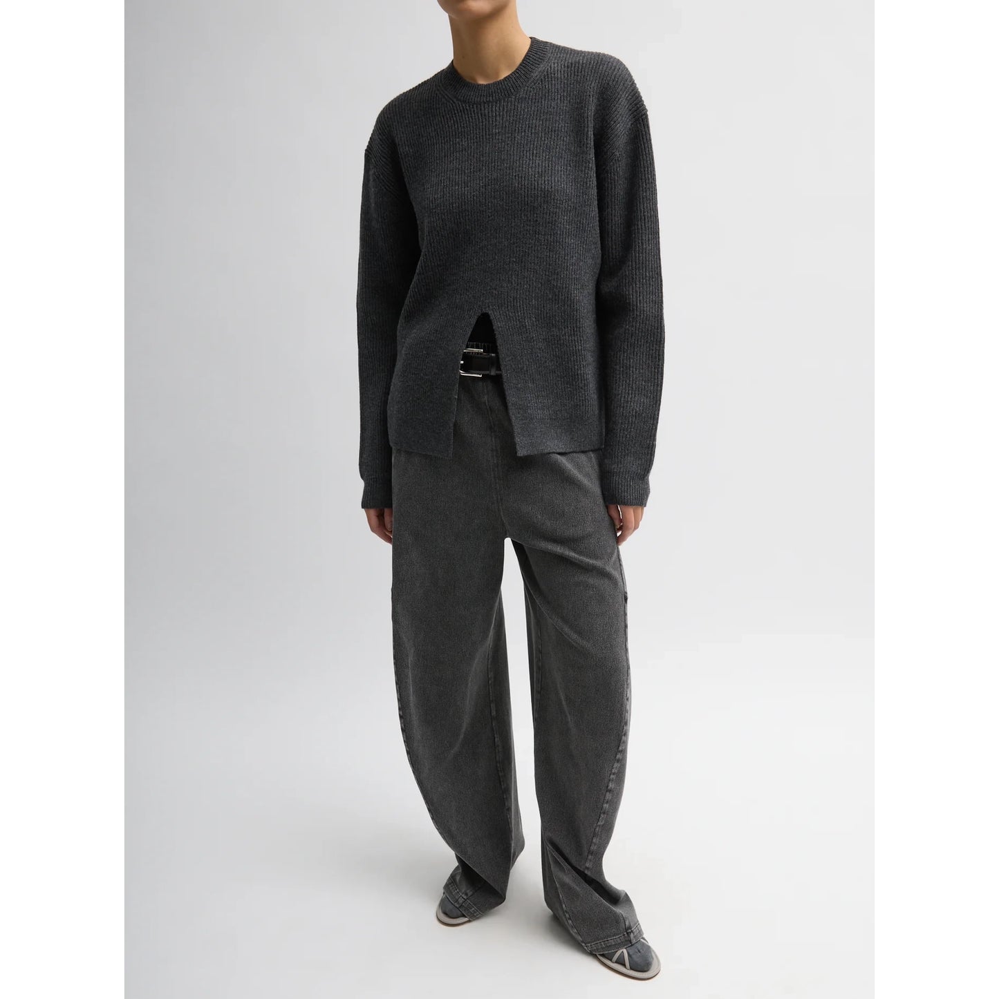 Tibi "cardigan stitch split front crewneck easy pullover" in Charcoal Grey, size Small