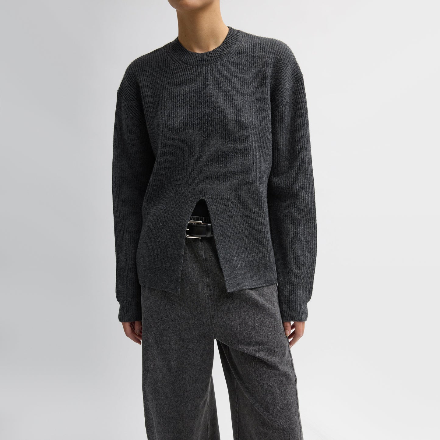 Tibi "cardigan stitch split front crewneck easy pullover" in Charcoal Grey, size Small