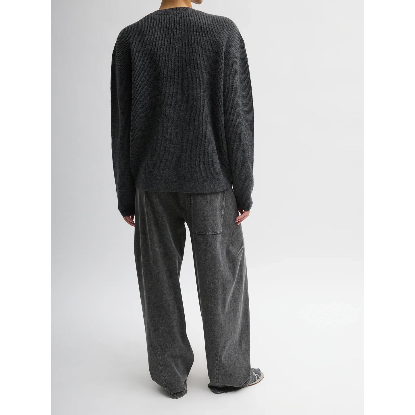 Tibi "cardigan stitch split front crewneck easy pullover" in Charcoal Grey, size Small