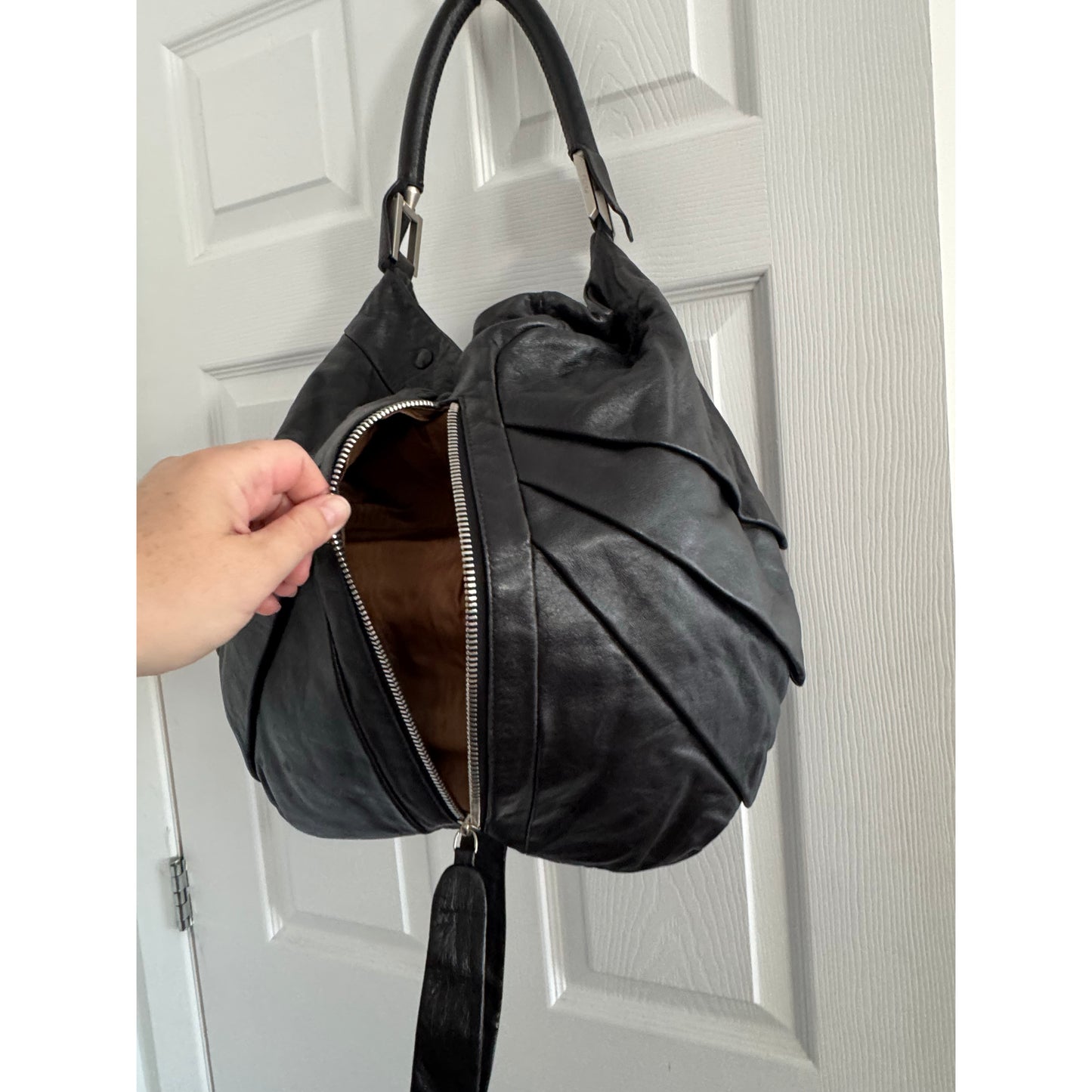Fendi Pleated Leather Satchel in Black