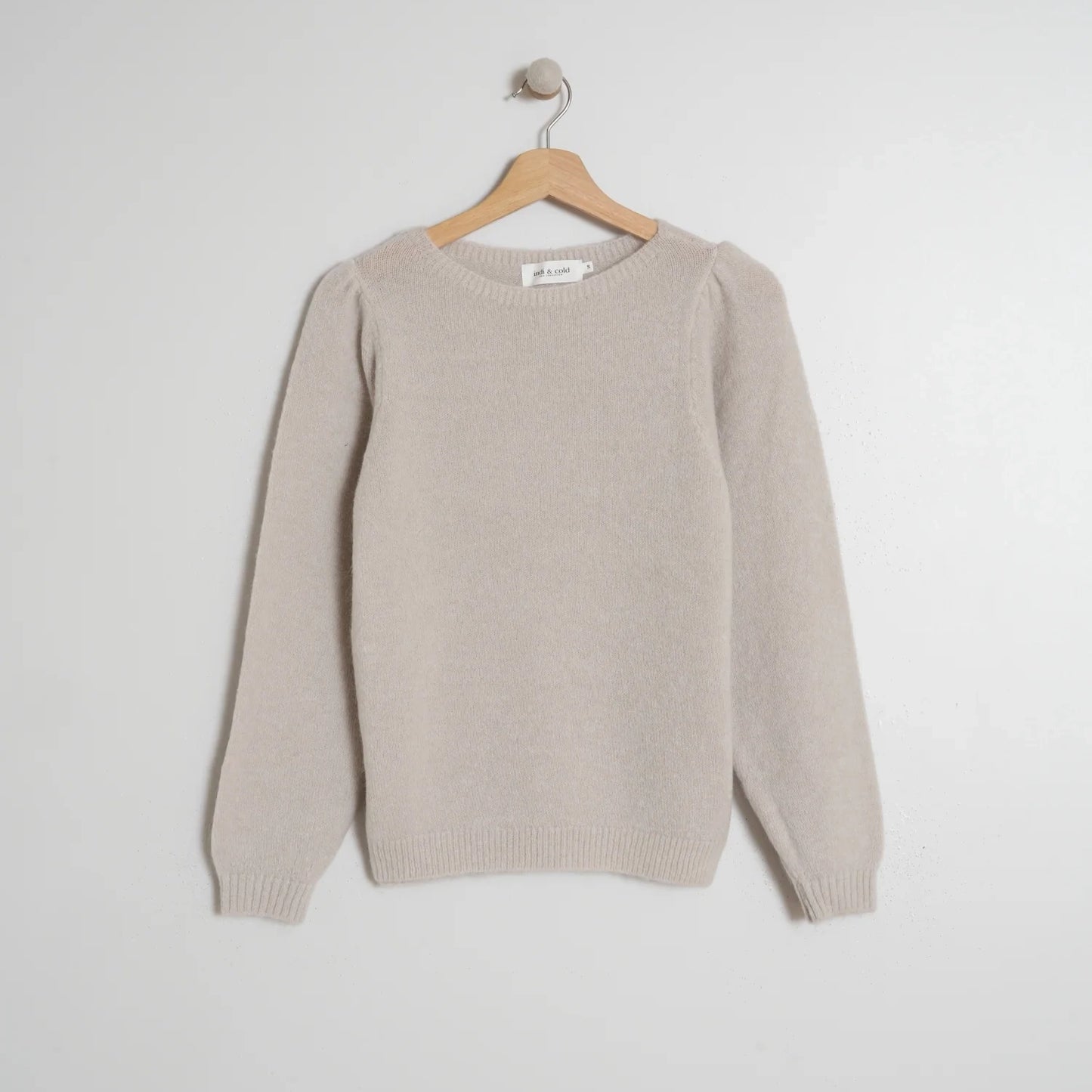 Indi & Cold Puffed Sleeve Sweater in Beige, size XS