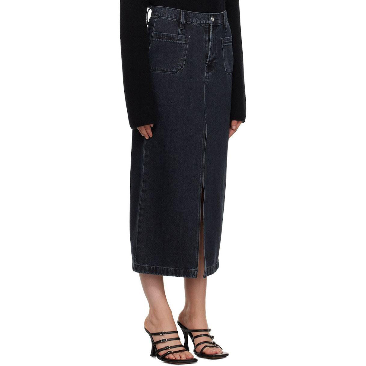 Frame Le Bardot Denim Midi Skirt in Black, size 26