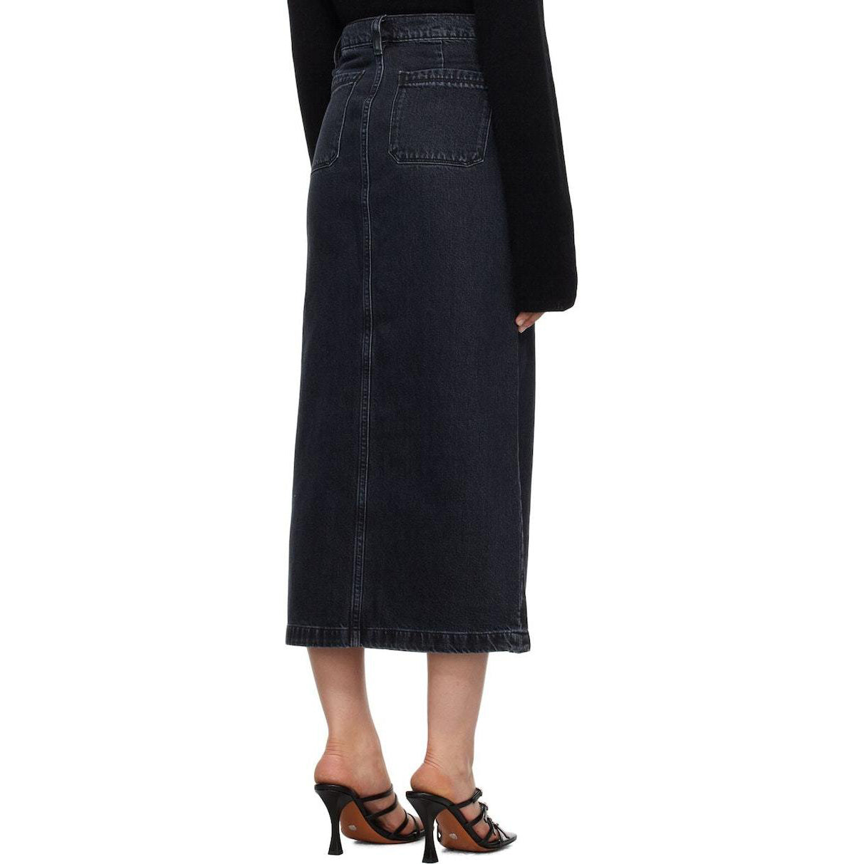 Frame Le Bardot Denim Midi Skirt in Black, size 26