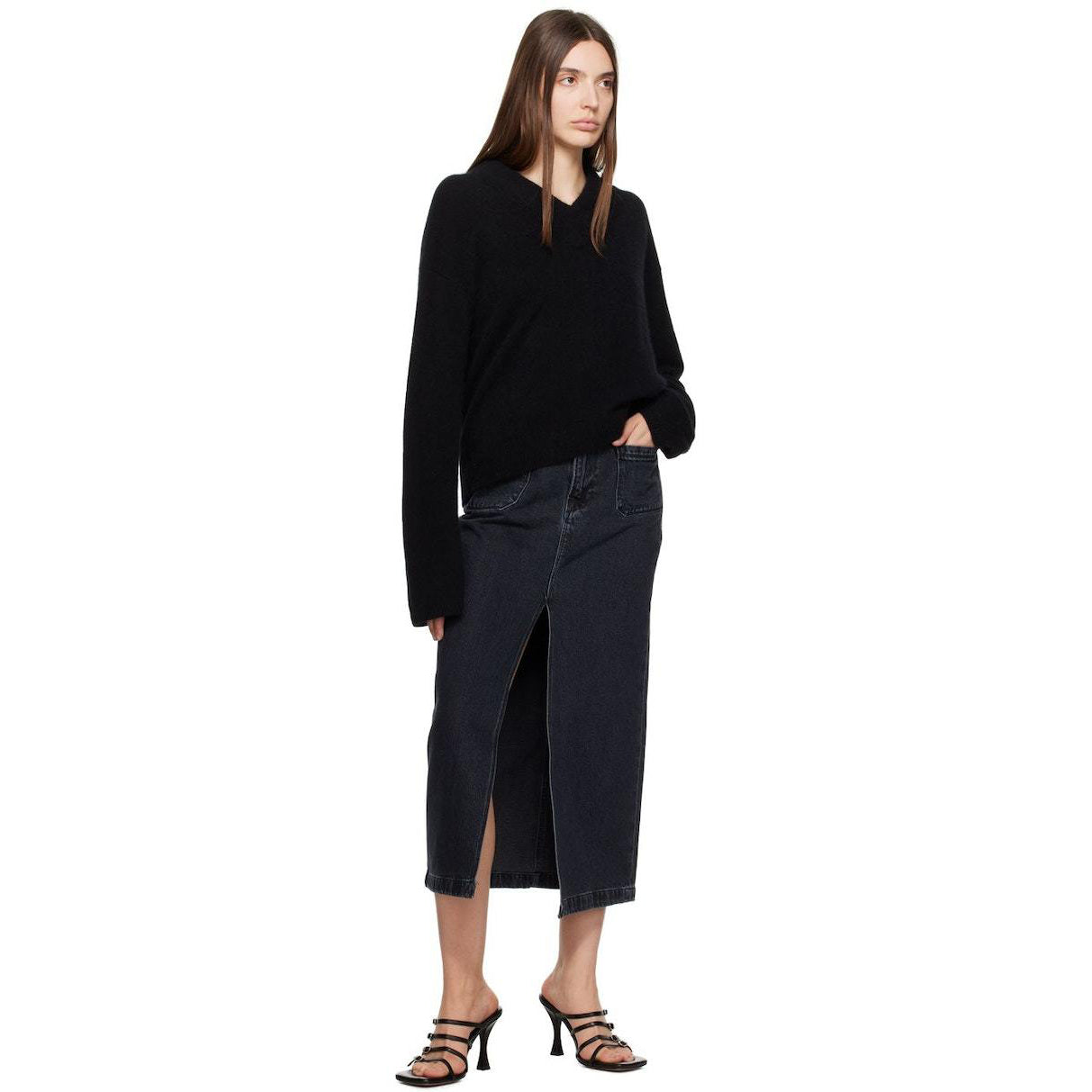 Frame Le Bardot Denim Midi Skirt in Black, size 26