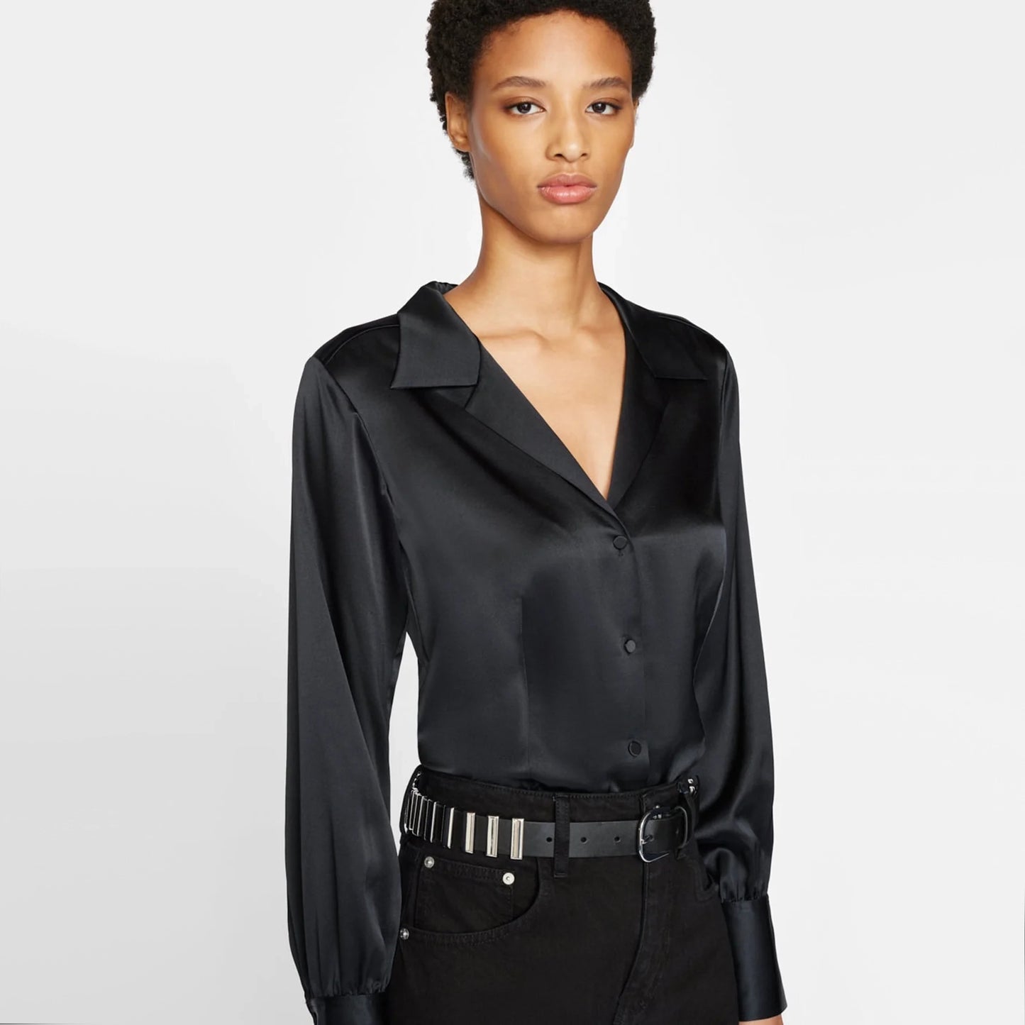 Frame Satin "Femme" Blouse in Black, size Medium (like size 6 US)