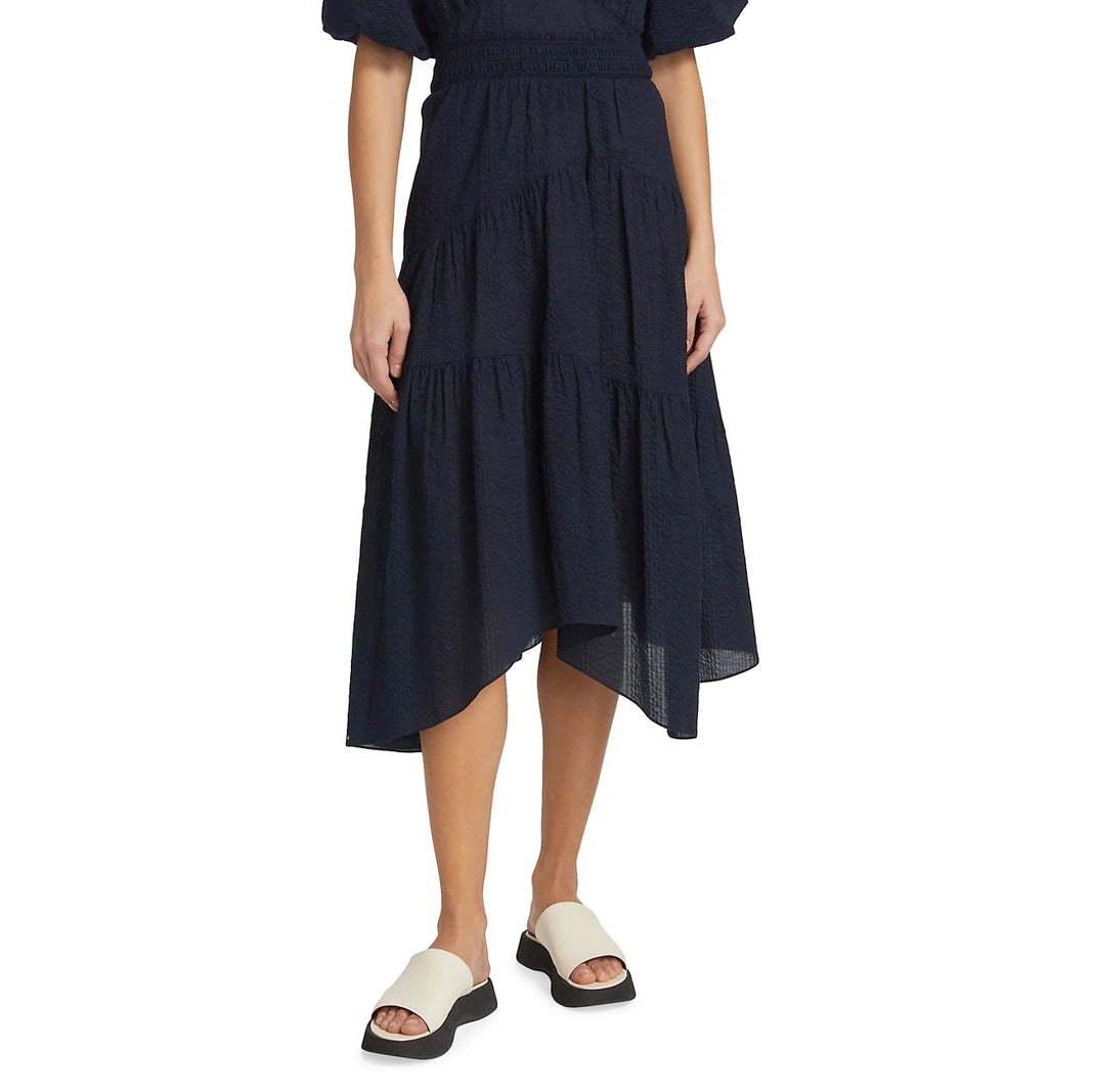 Frame Gathered Seam Seersucker Skirt in Navy, size Small