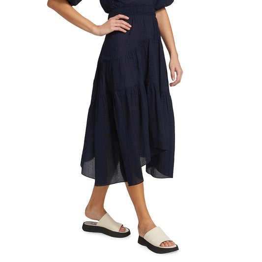 Frame Gathered Seam Seersucker Skirt in Navy, size Small