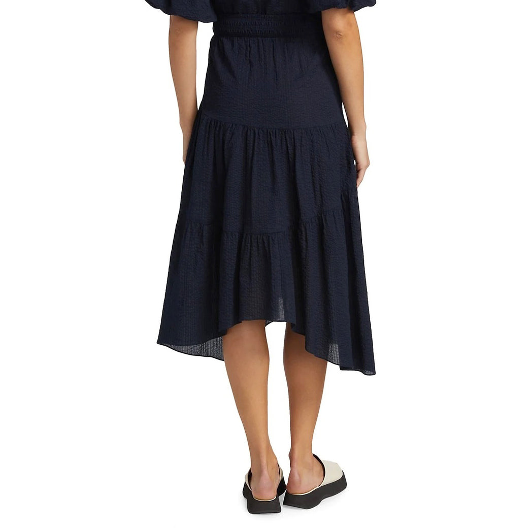 Frame Gathered Seam Seersucker Skirt in Navy, size Small