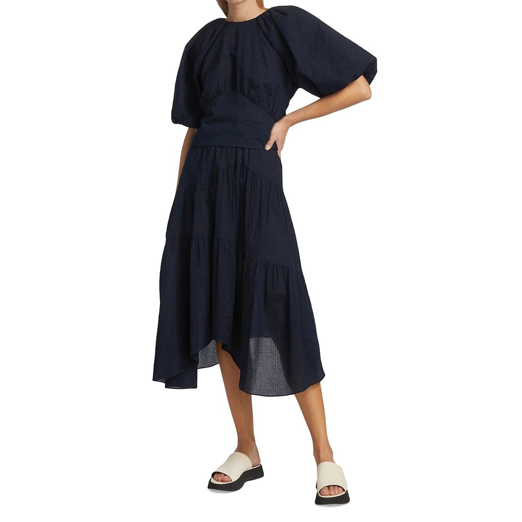 Frame Gathered Seam Seersucker Skirt in Navy, size Small
