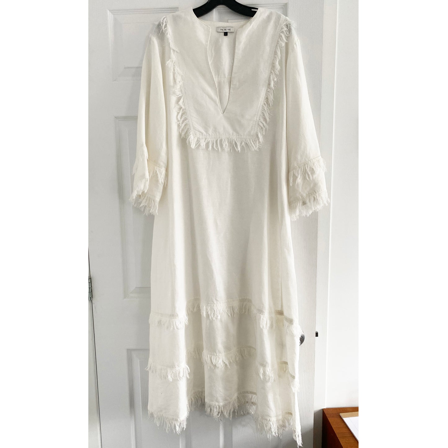 Fil De Vie « Thalia » Kaftan en lin blanc avec bordure à franges, taille XS ** tel quel **