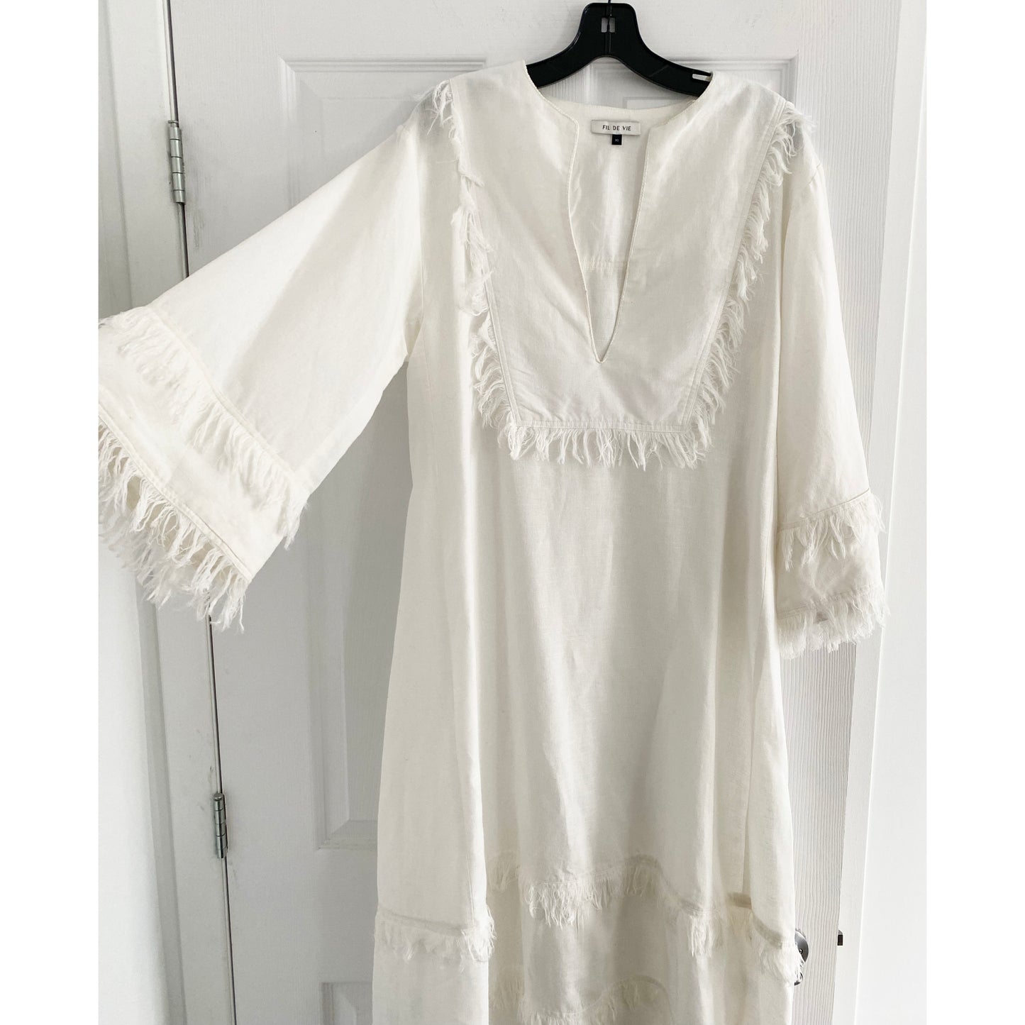 Fil De Vie « Thalia » Kaftan en lin blanc avec bordure à franges, taille XS ** tel quel **