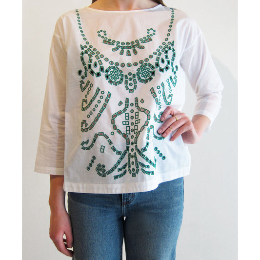 Forte_Forte White Cotton Top with Green Embroidery, Size "III" (fits like size 8/10)