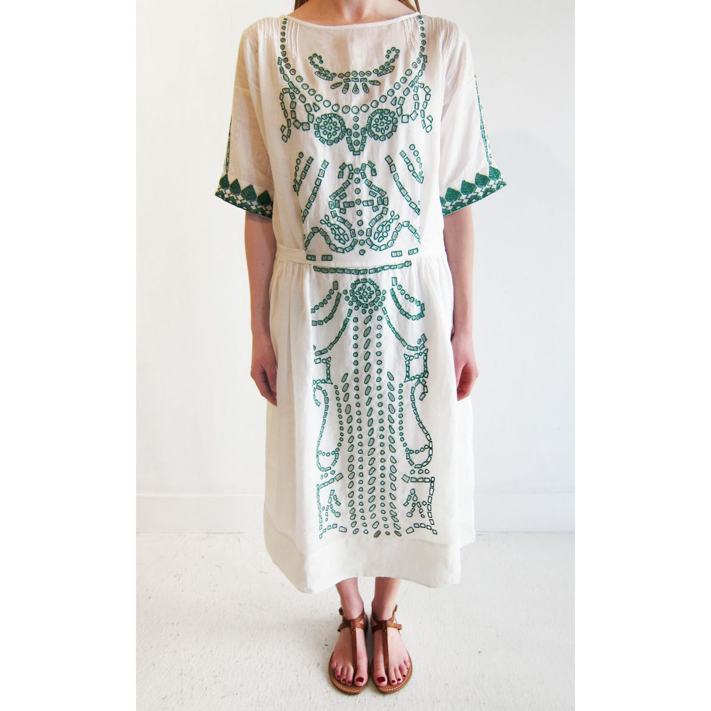 Forte_Forte White Dress with Green Embroidery, Size "III" (fits like size 8/10)