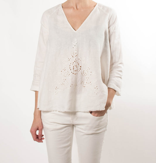 Forte.Forte White Linen Embroidered Top, size "III", size Large