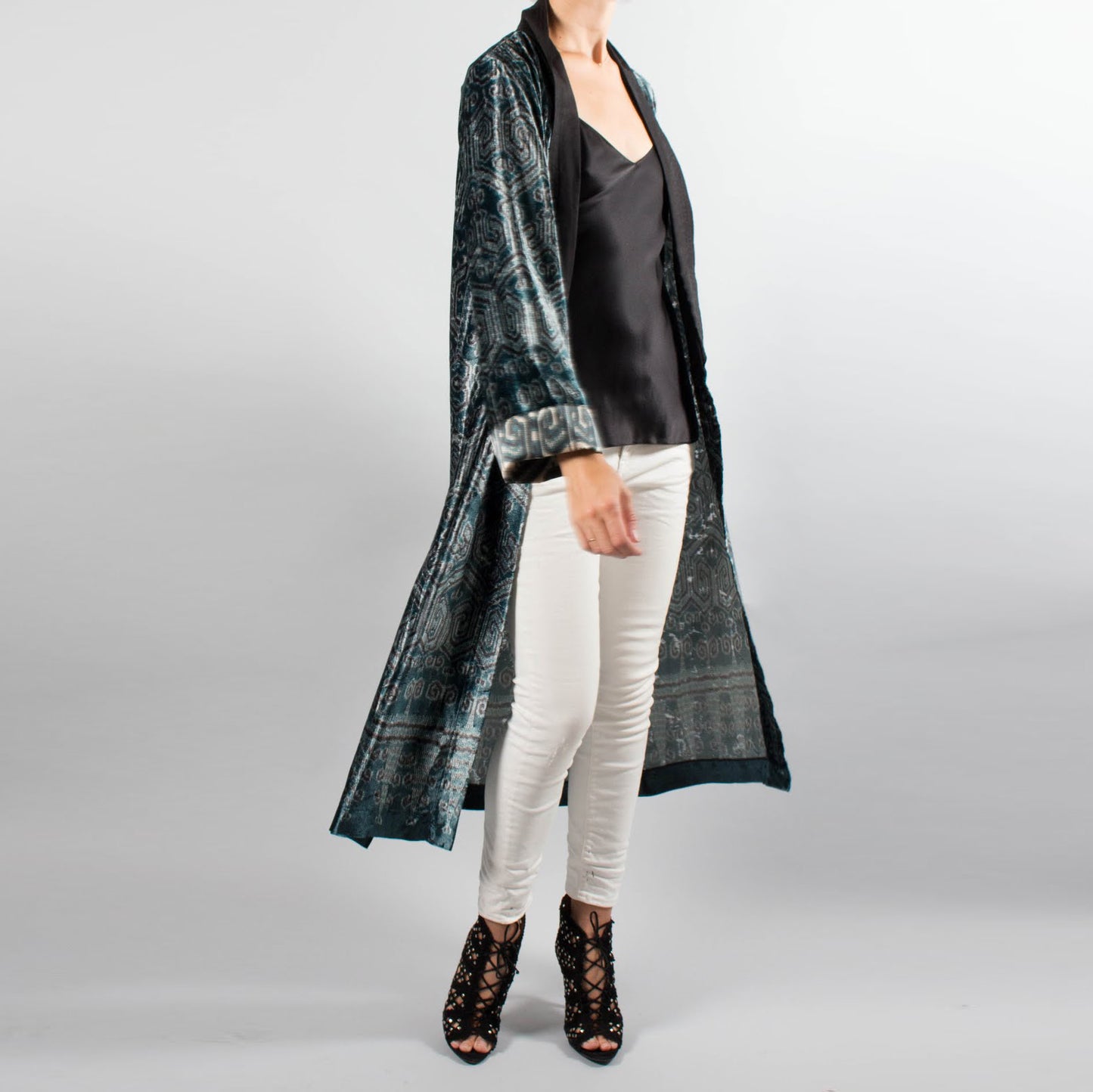 Forte_Forte Velvet Duster Jacket in Teal, size "I" (Size Small)