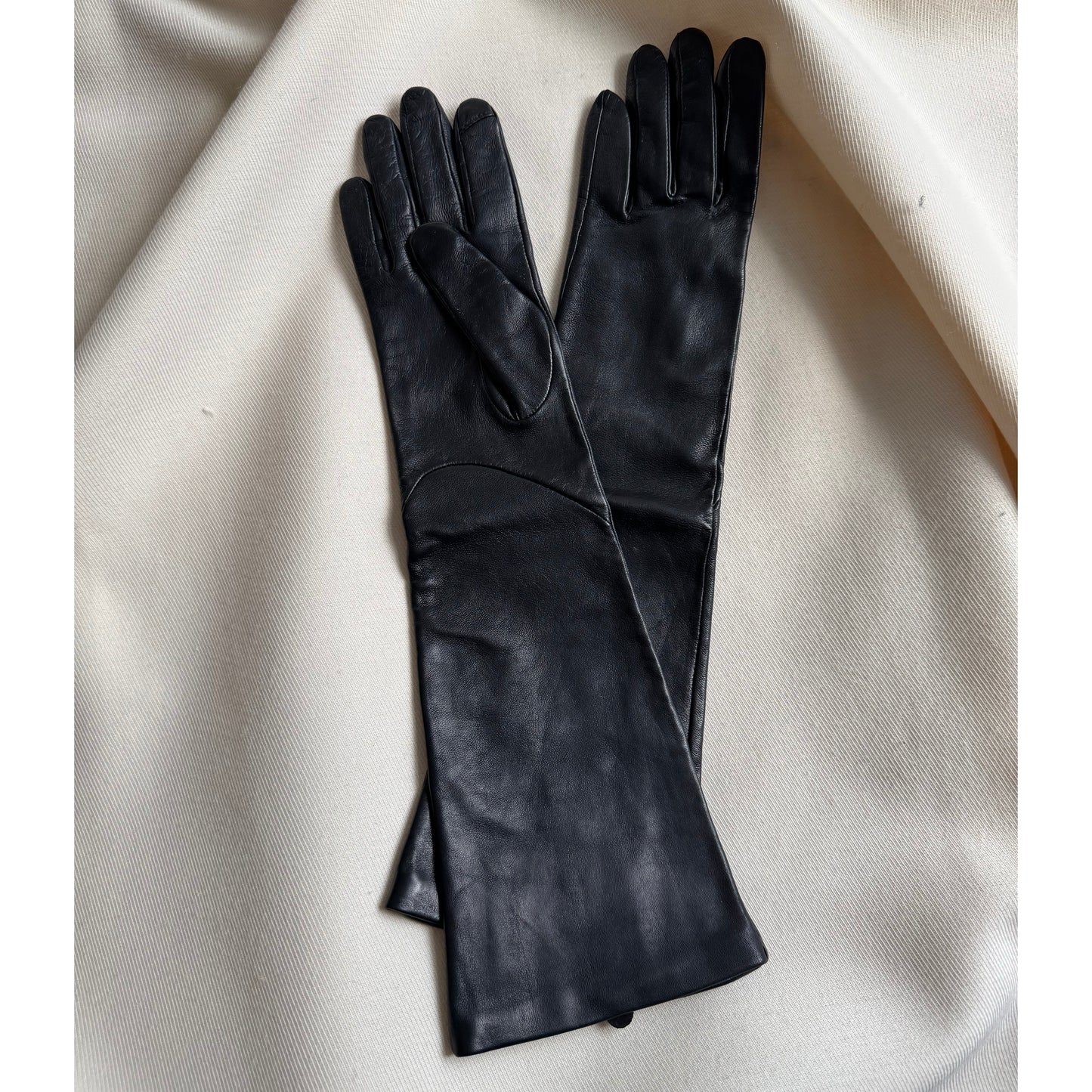 Fownes Brothers Long Black Leather Gloves, size 6.5