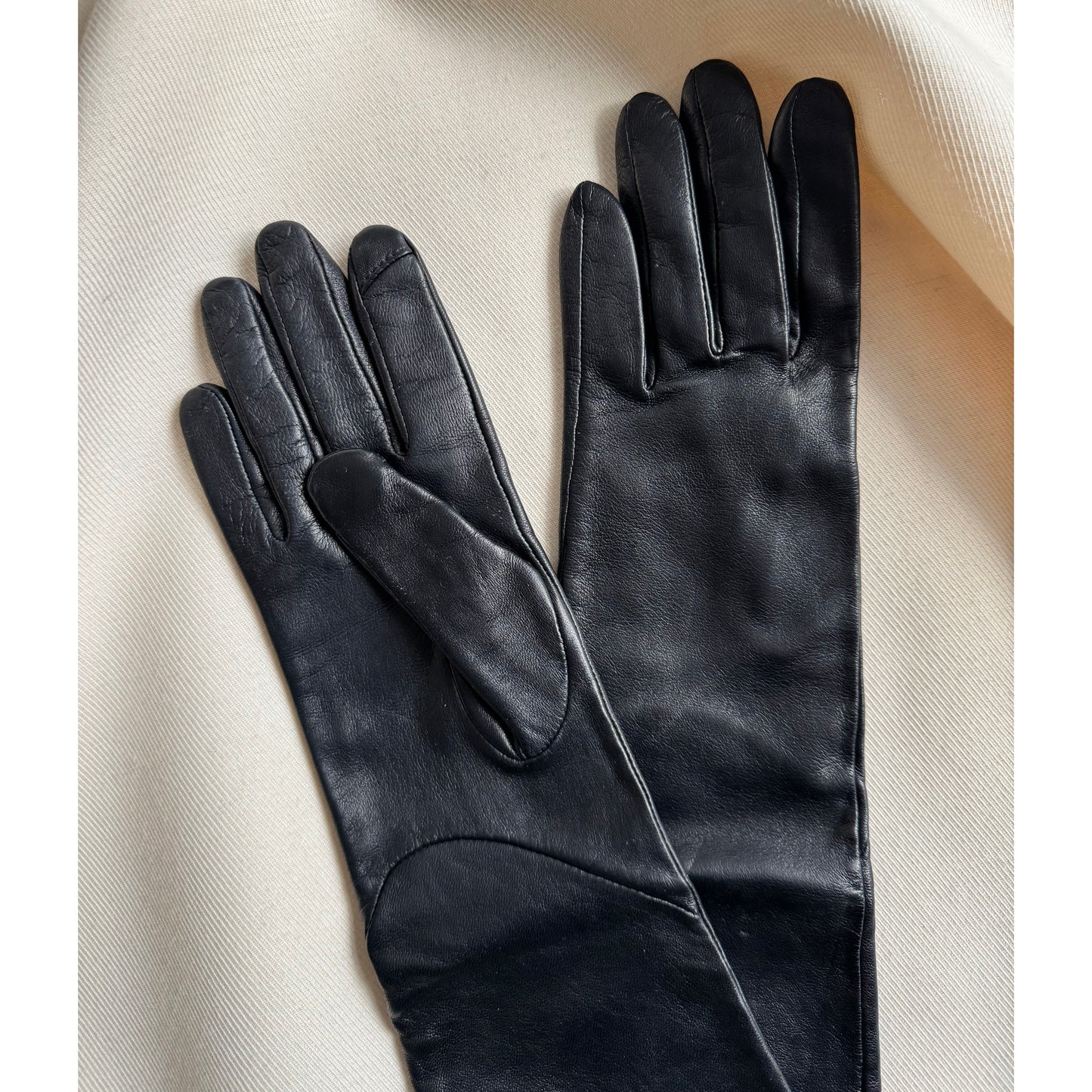 Fownes Brothers Long Black Leather Gloves, size 6.5