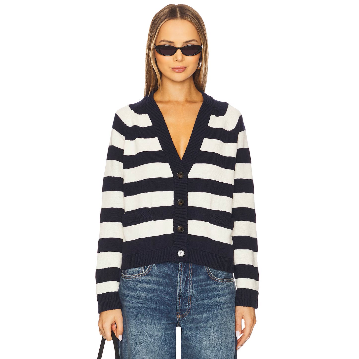The Great "Varsity" Cardigan in Navy/Ecru Stripe, size "2" (Medium, fits M/L)