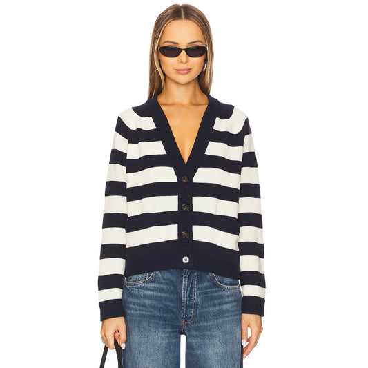 The Great "Varsity" Cardigan in Navy/Ecru Stripe, size "2" (Medium, fits M/L)