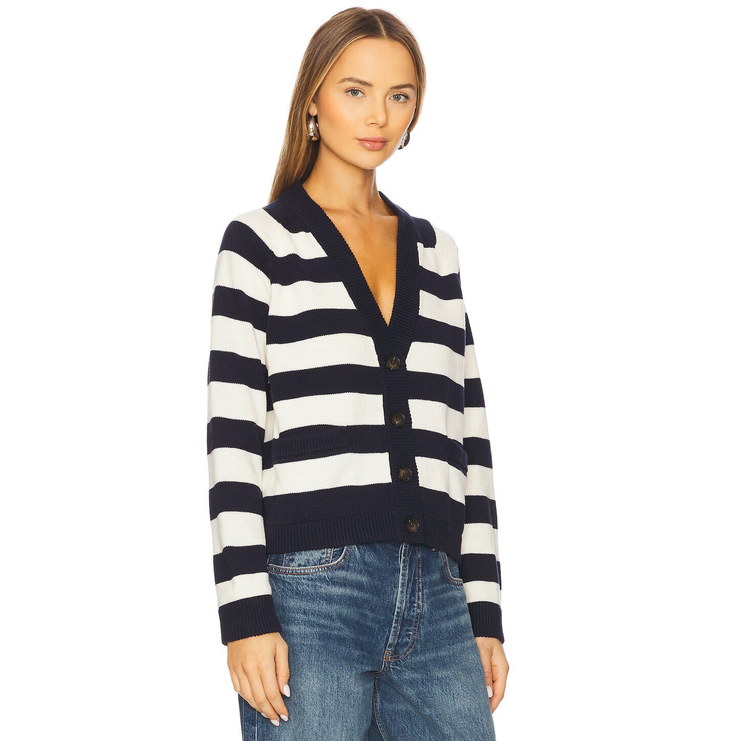 The Great "Varsity" Cardigan in Navy/Ecru Stripe, size "2" (Medium, fits M/L)