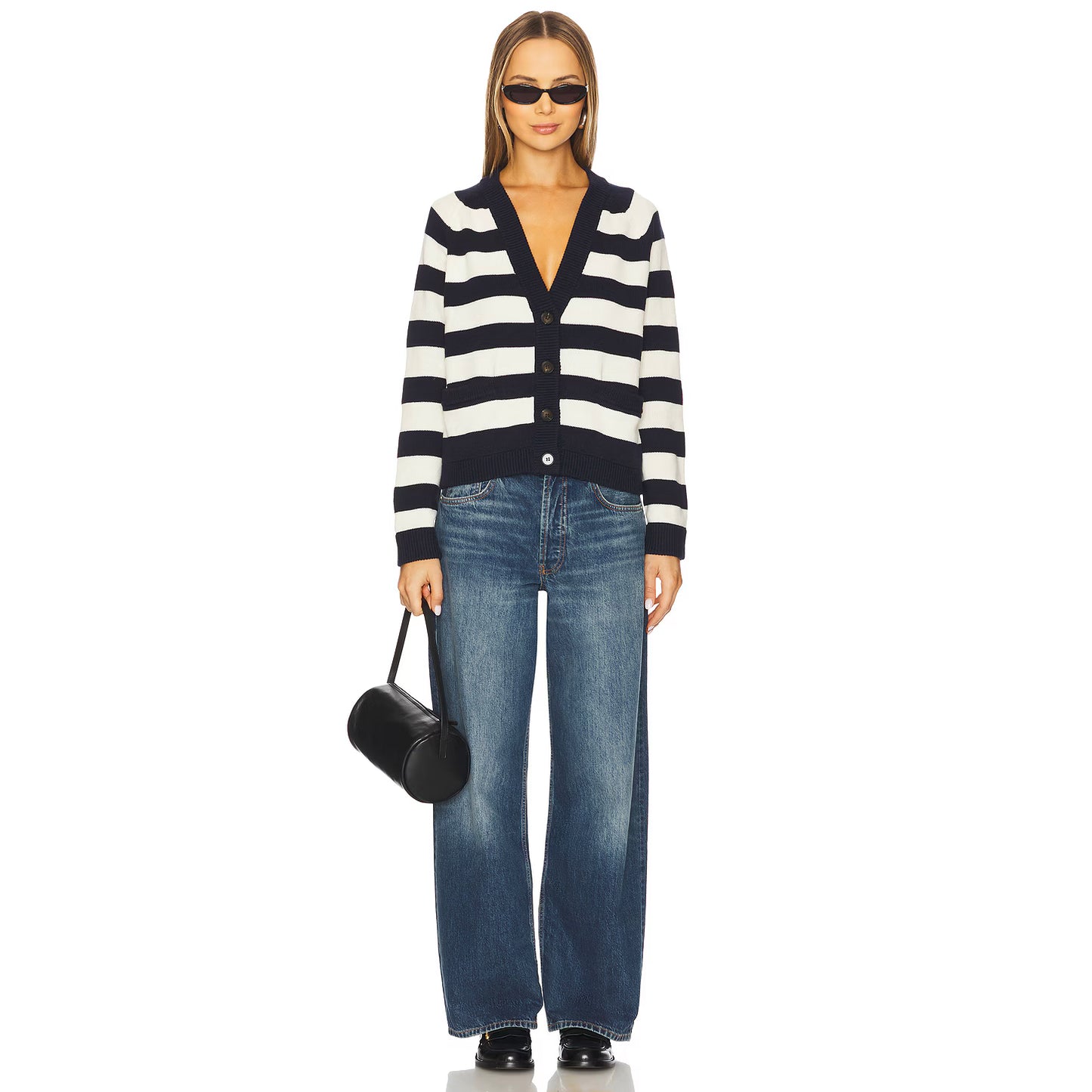 The Great "Varsity" Cardigan in Navy/Ecru Stripe, size "2" (Medium, fits M/L)