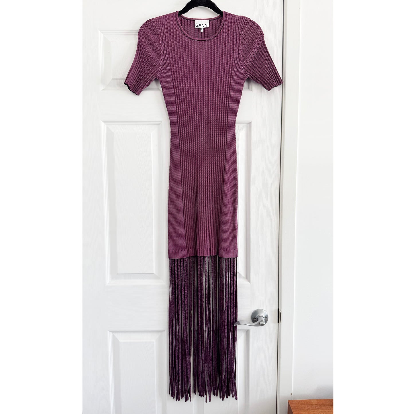 Ganni Ribbed Knit Dress w Fringe Hem in Red, size Small