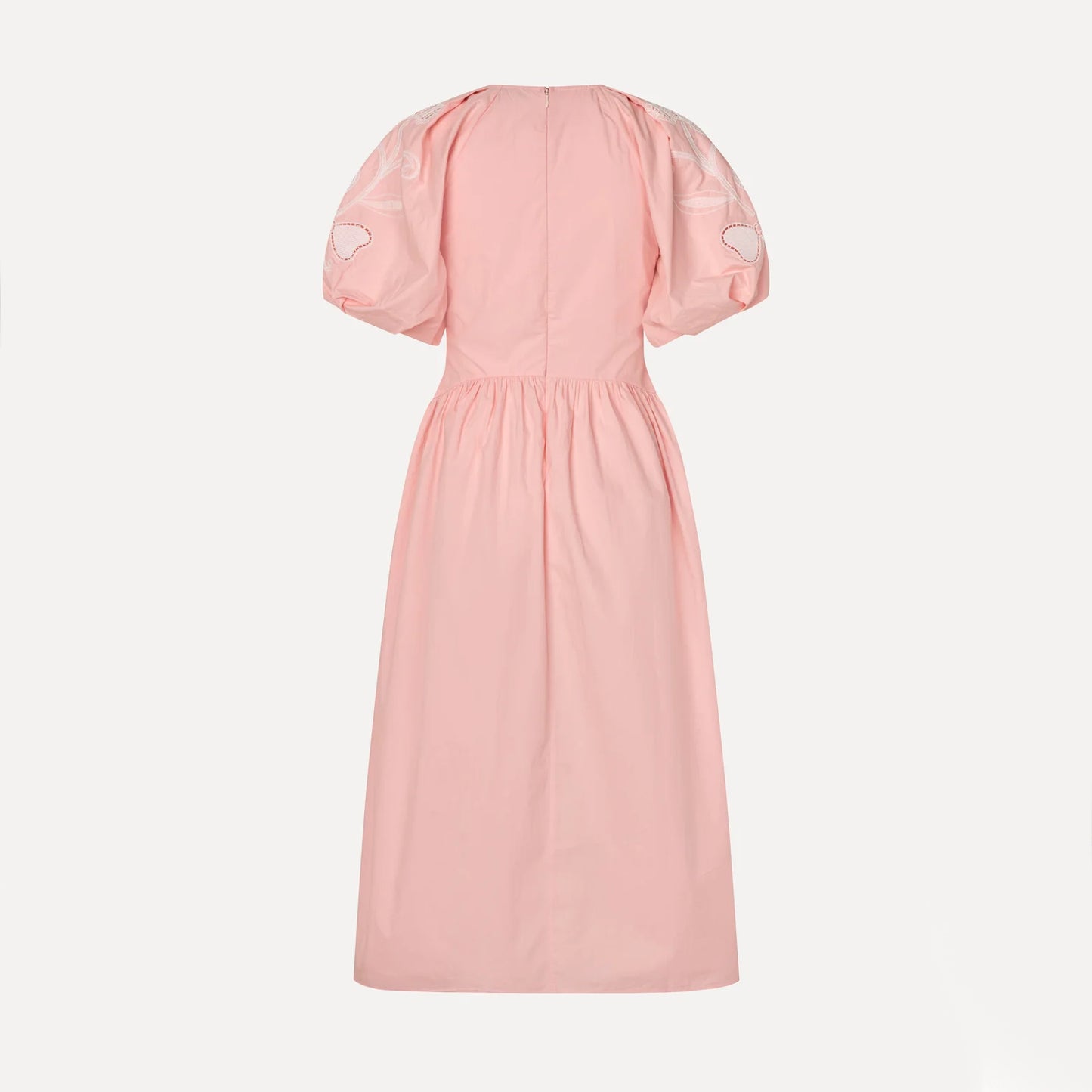 Stine Goya Gathered Raglan Sleeve Midi Dress with Ballerina Embroidery in Pink, size Small