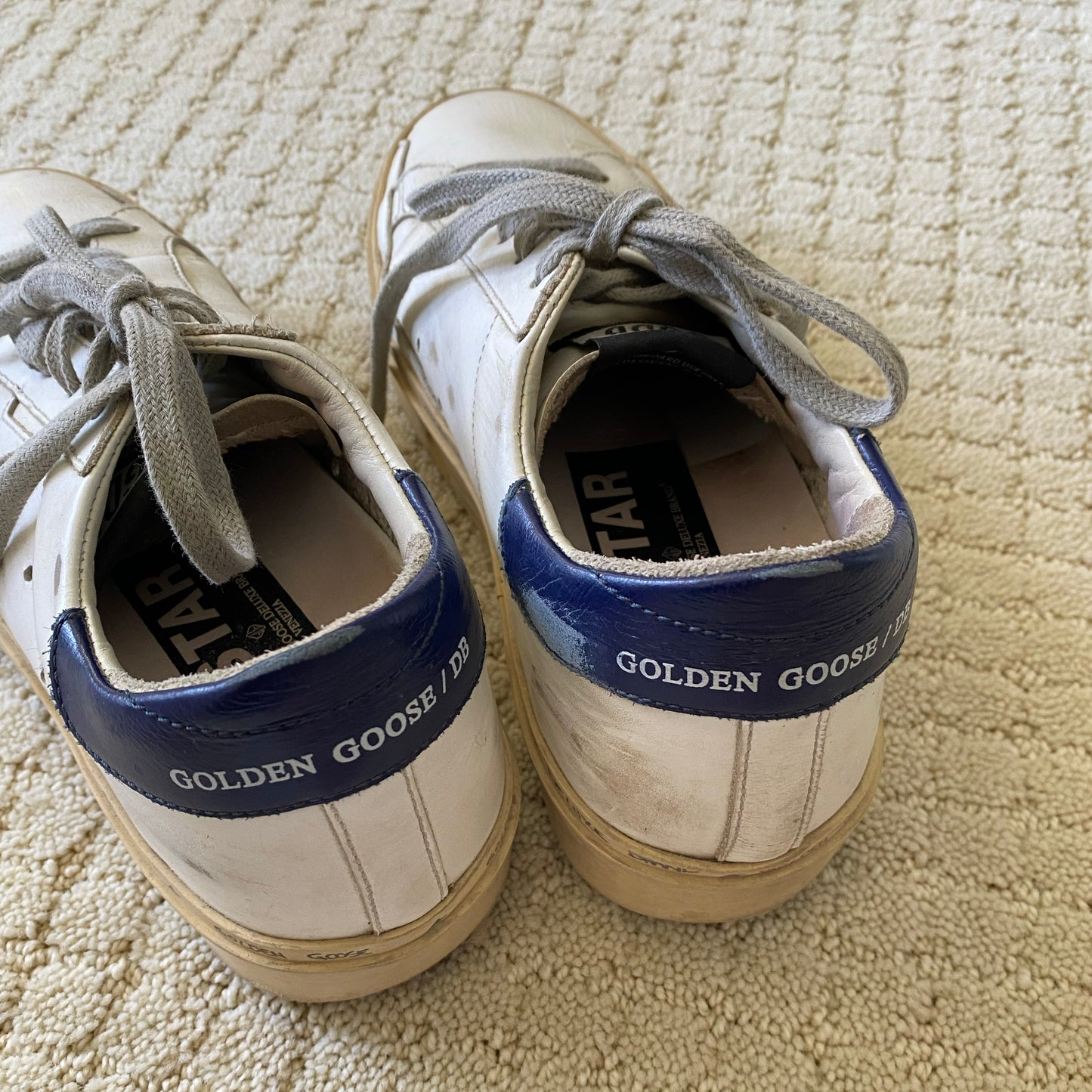 Golden Goose Hi-Star Sneaker in White w Navy Patch, size 36