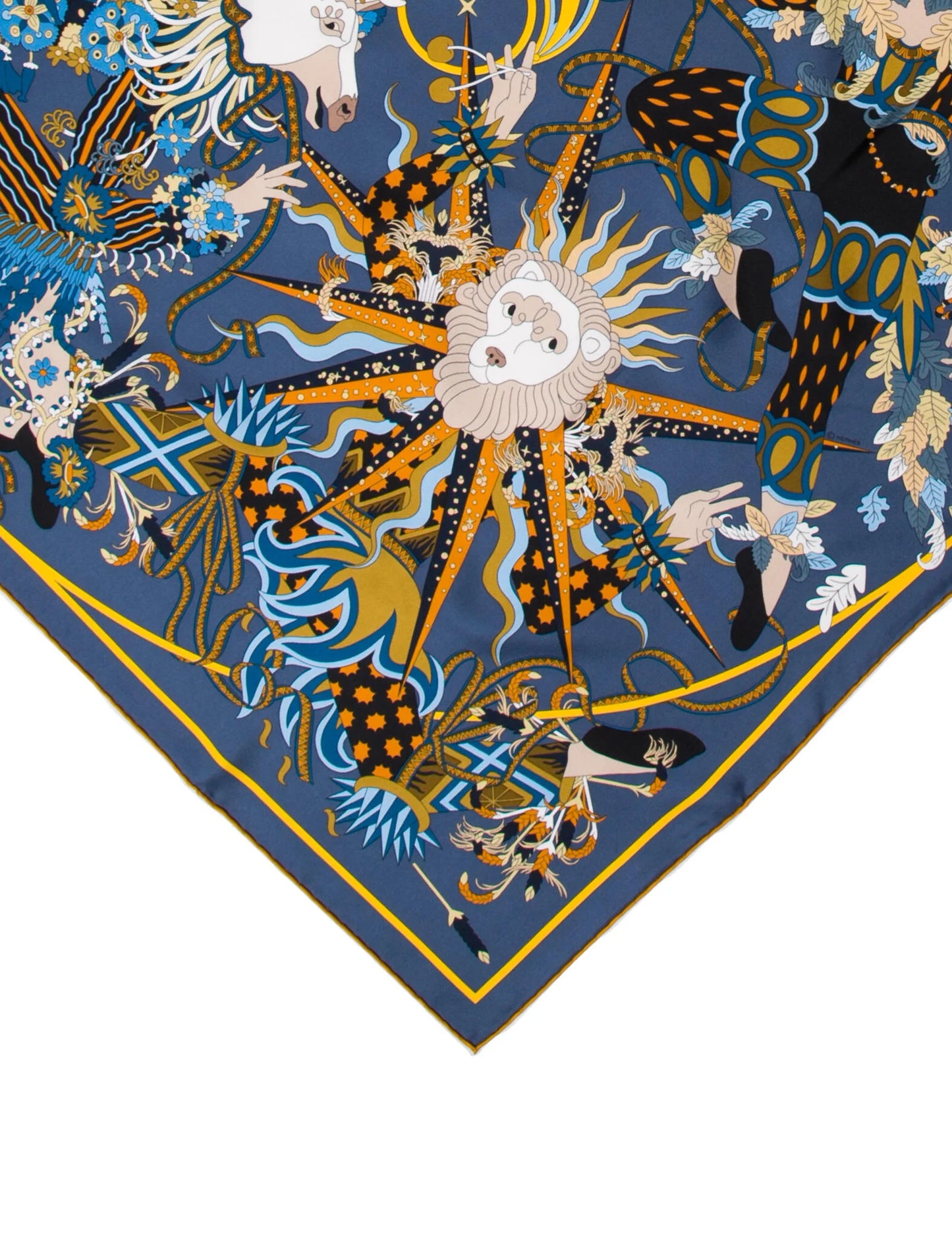 Hermes Le Sacre des Saisons Silk Scarf 90 in Blue/Camel