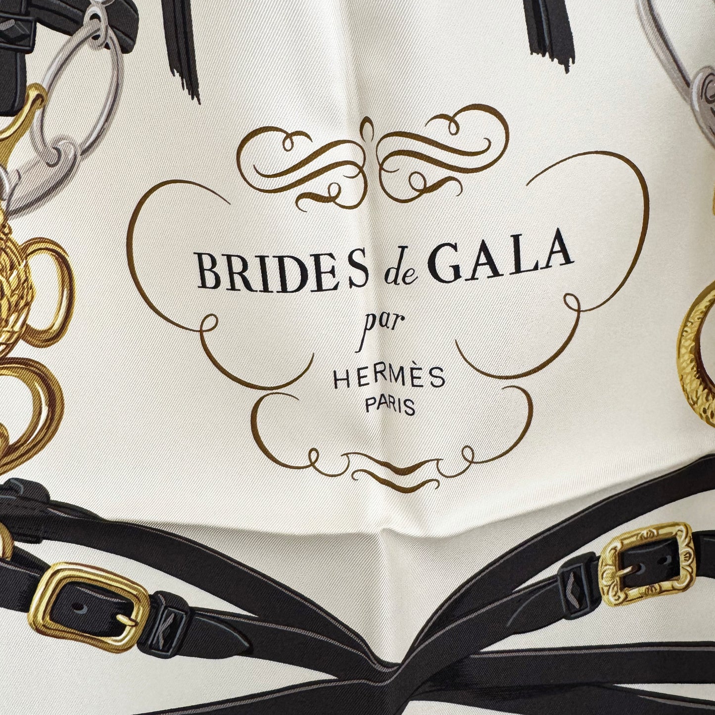 Hermes "Brides de Gala" 90cm Scarf in noir / crème / gold