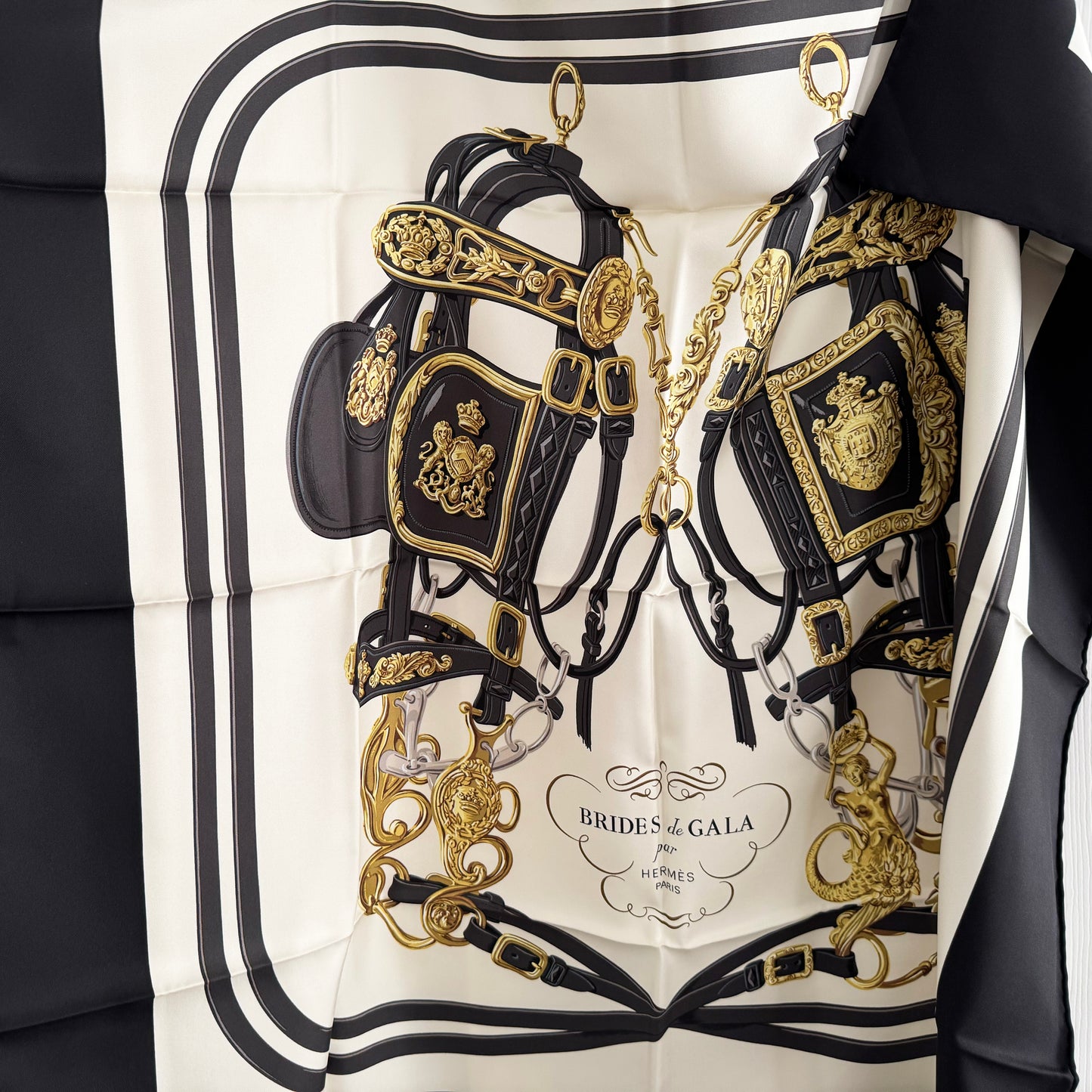 Hermes "Brides de Gala" 90cm Scarf in noir / crème / gold