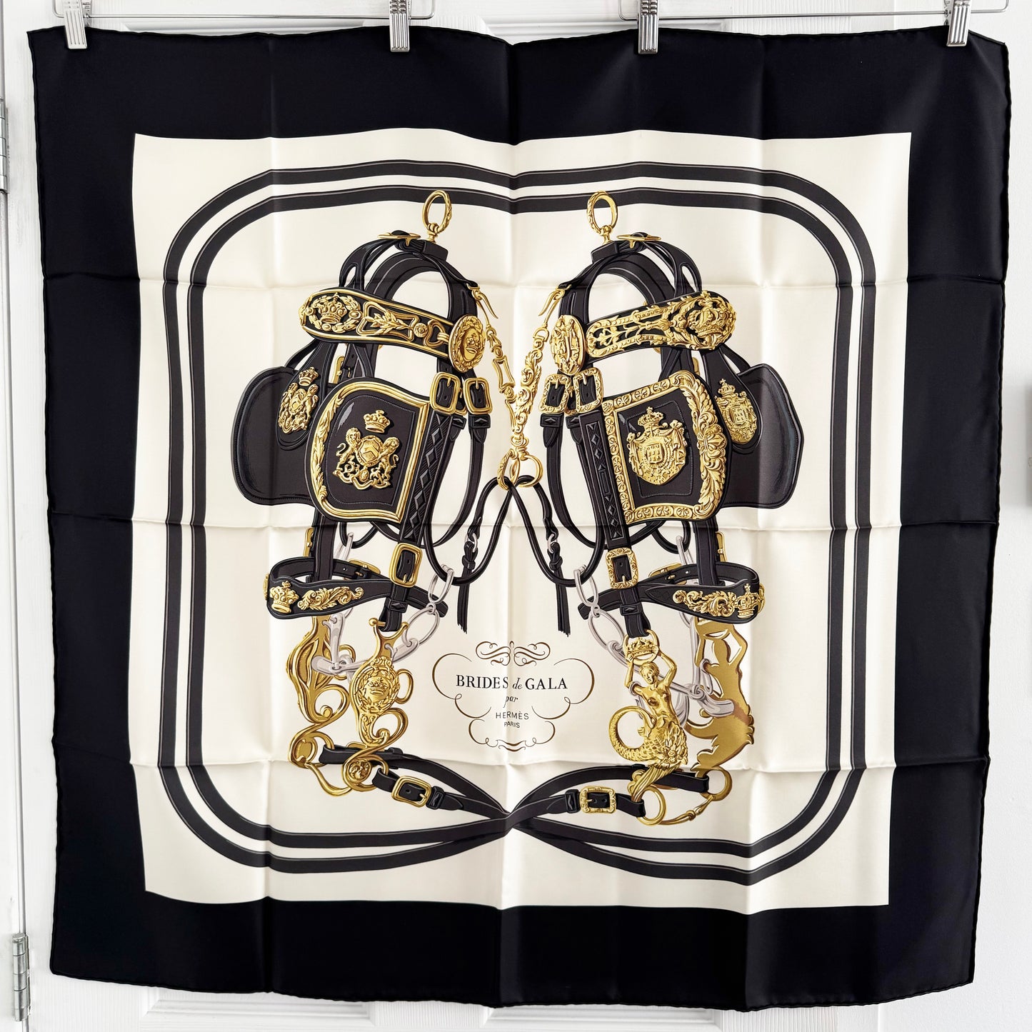 Hermes "Brides de Gala" 90cm Scarf in noir / crème / gold