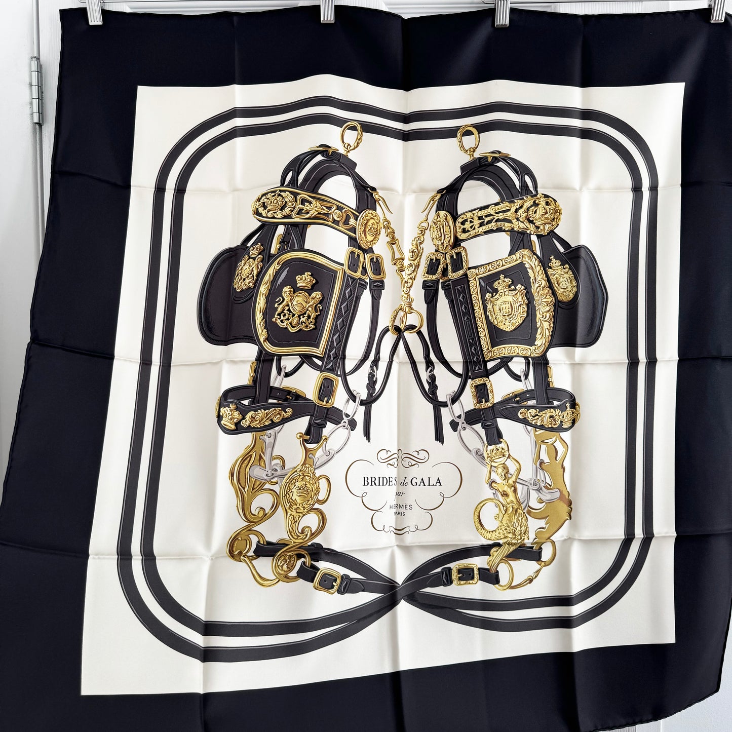 Hermes "Brides de Gala" 90cm Scarf in noir / crème / gold