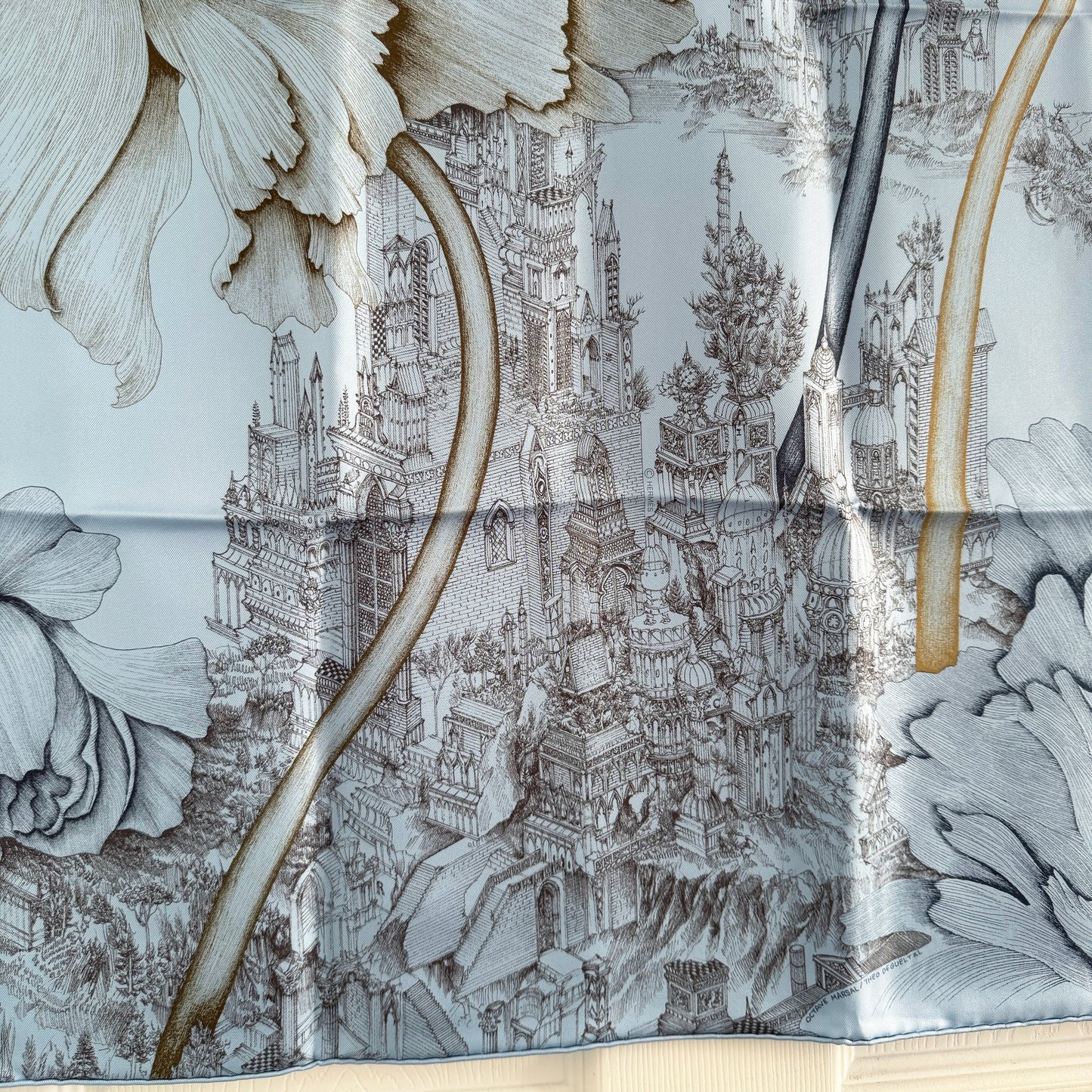 Hermes "A L’Ombre des Pivoines" 90cm Silk Scarf in Blue