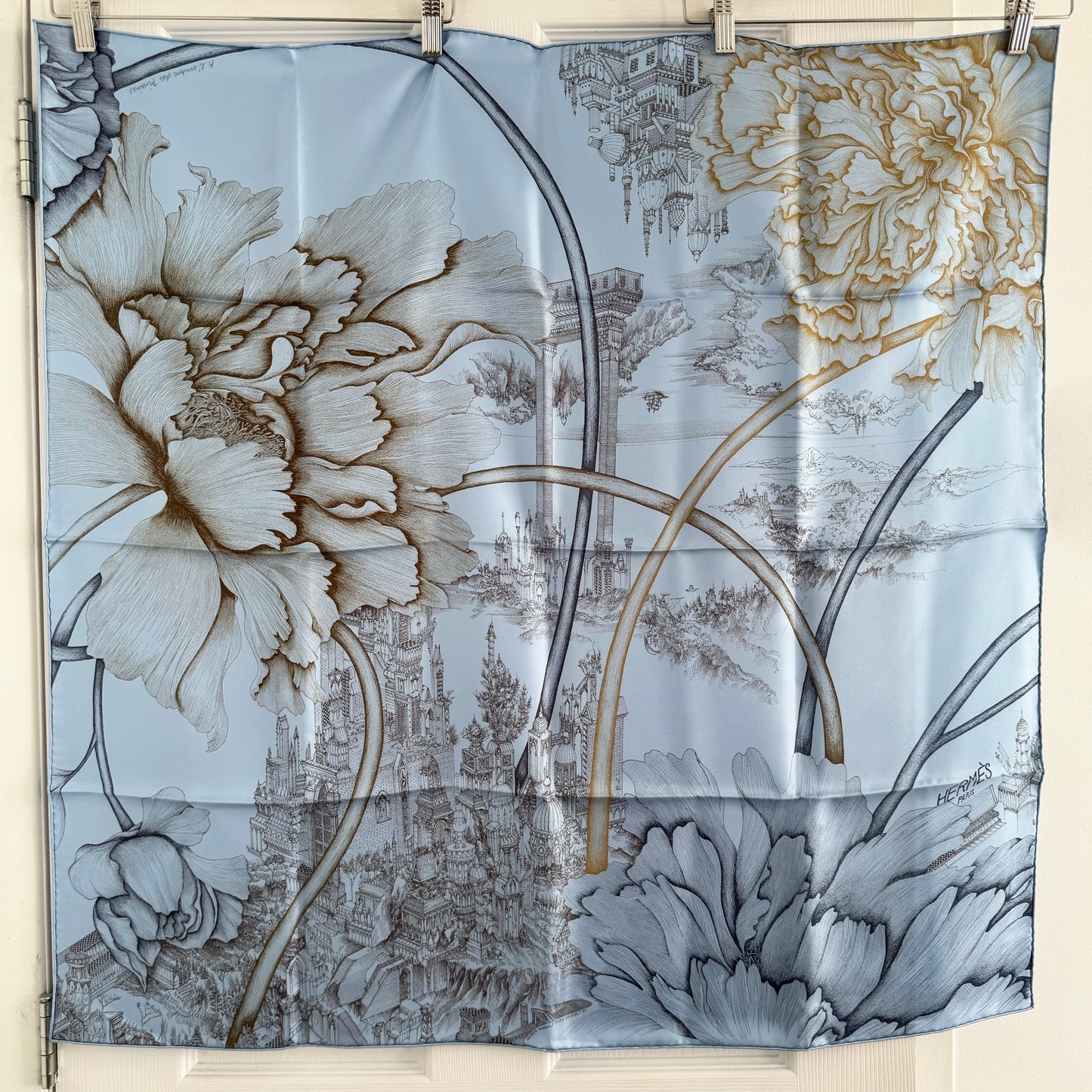 Hermes "A L’Ombre des Pivoines" 90cm Silk Scarf in Blue