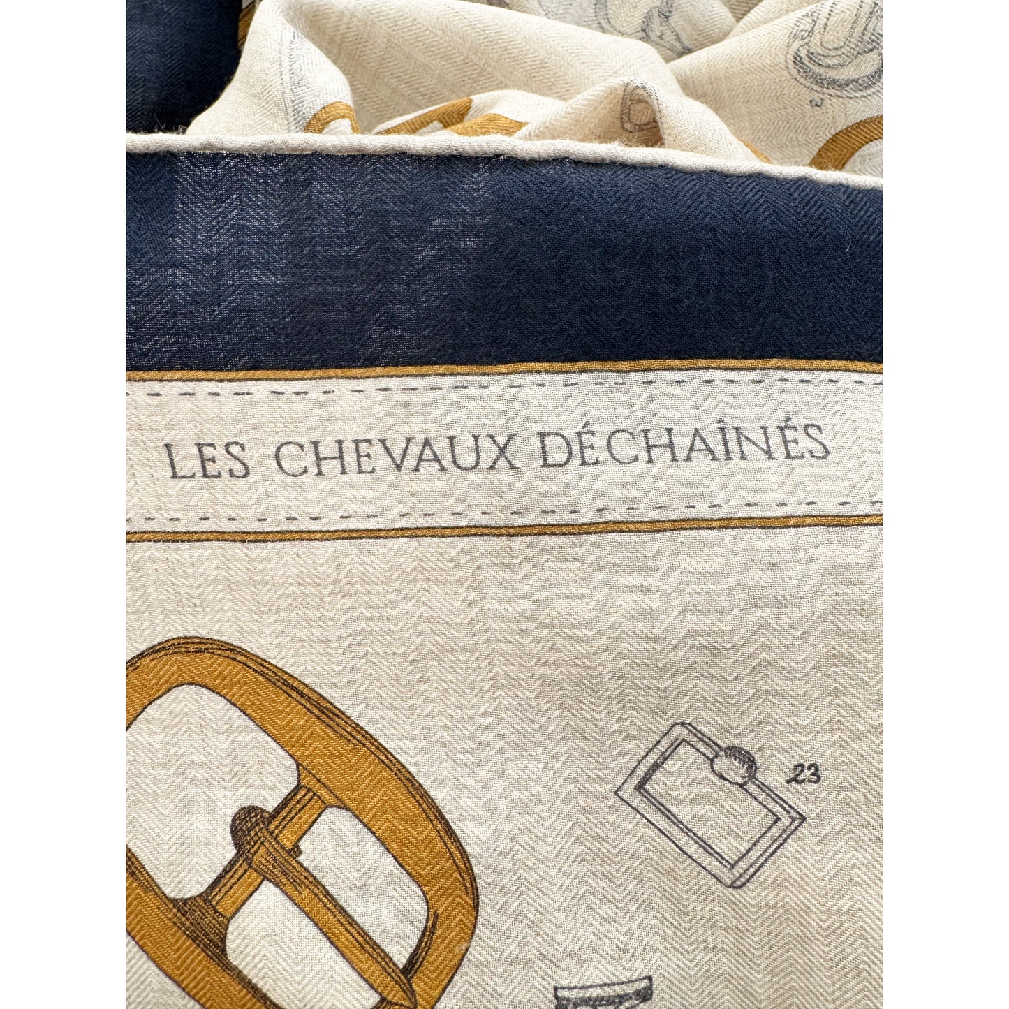 Hermes Cashmere/Silk "Les Chevaux Dechaines" Shawl 140 in Marine/Naturel/Gris