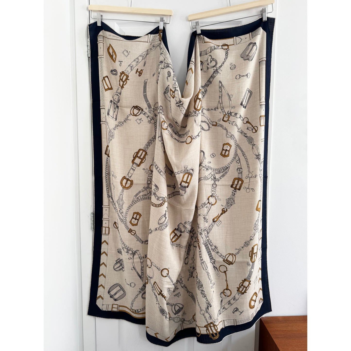 Hermes Cashmere/Silk "Les Chevaux Dechaines" Shawl 140 in Marine/Naturel/Gris