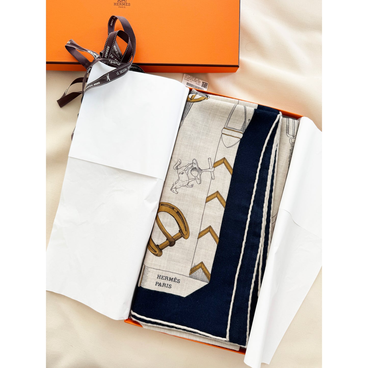 Hermes Cashmere/Silk "Les Chevaux Dechaines" Shawl 140 in Marine/Naturel/Gris